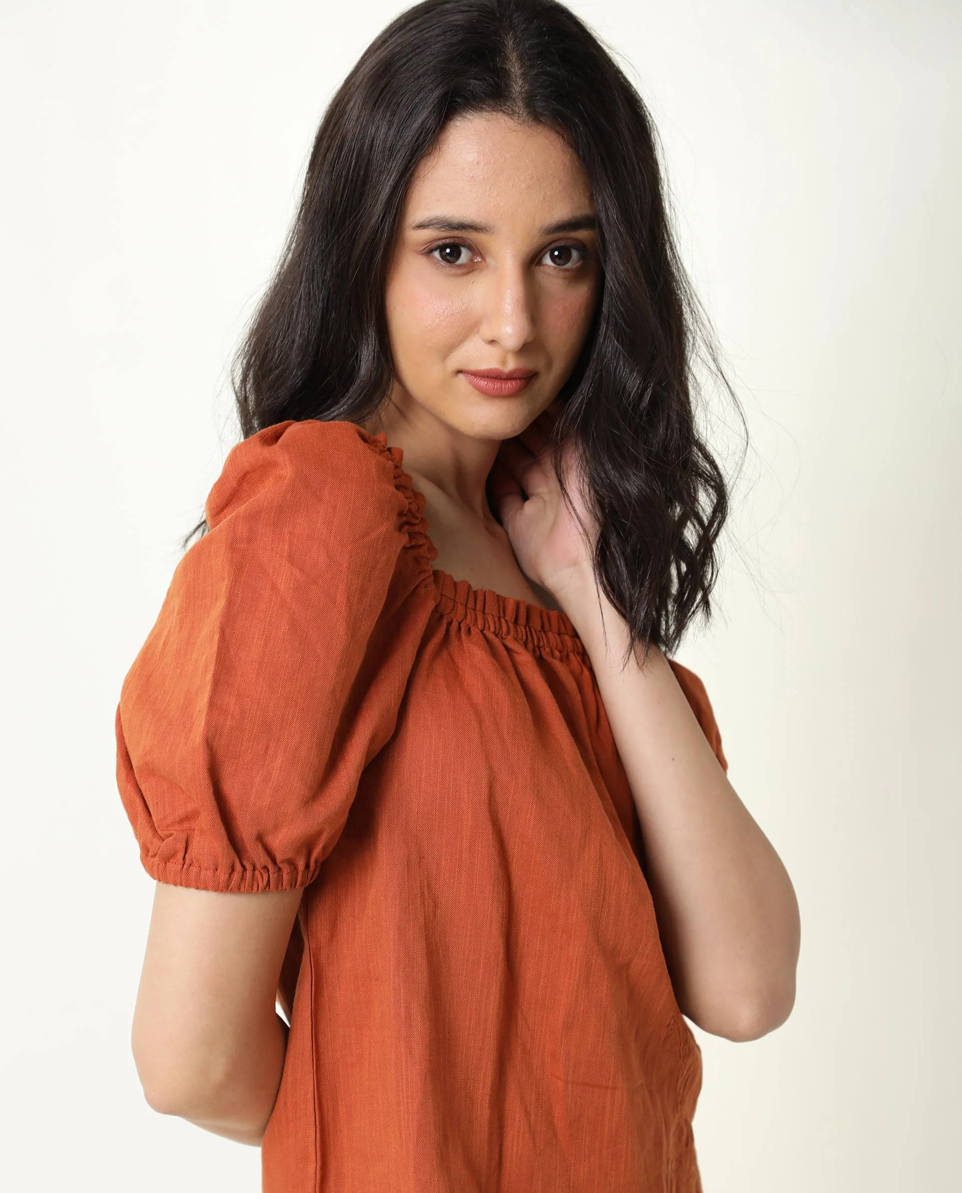 Rareism Womens Gamora Rust Top Cotton Linen Fabric Loose Fit Puff Sleeves Square Neck - Image 5