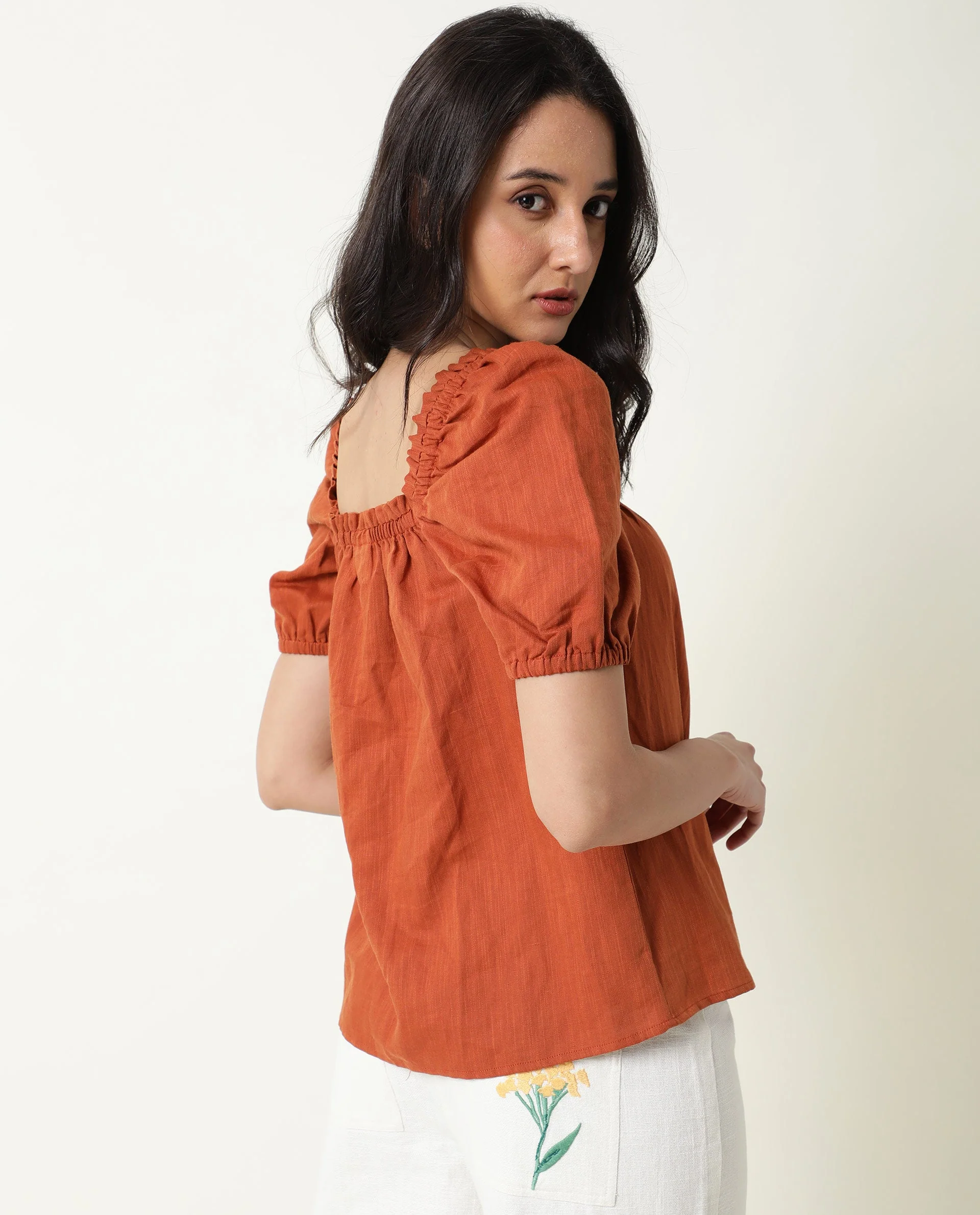 Rareism Womens Gamora Rust Top Cotton Linen Fabric Loose Fit Puff Sleeves Square Neck - Image 6