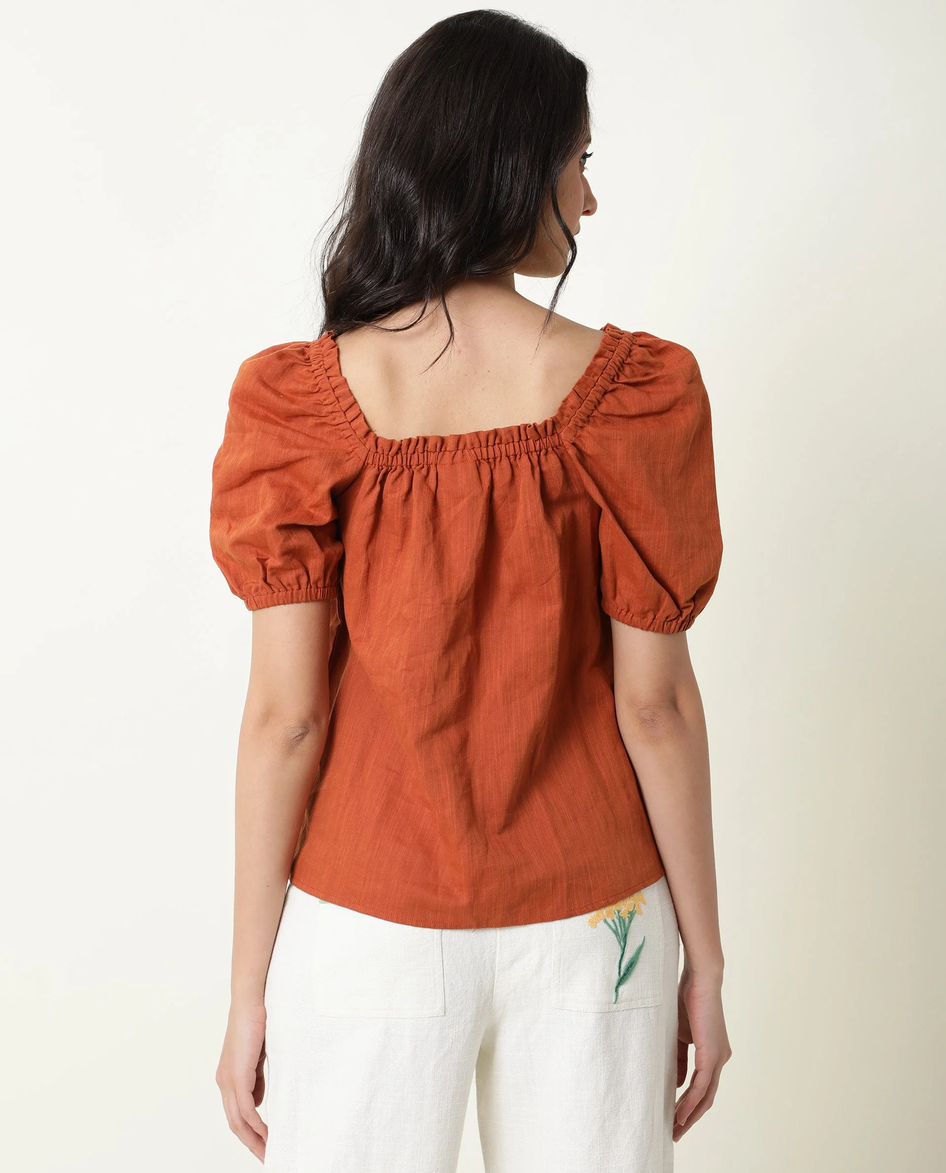 Rareism Womens Gamora Rust Top Cotton Linen Fabric Loose Fit Puff Sleeves Square Neck - Image 7