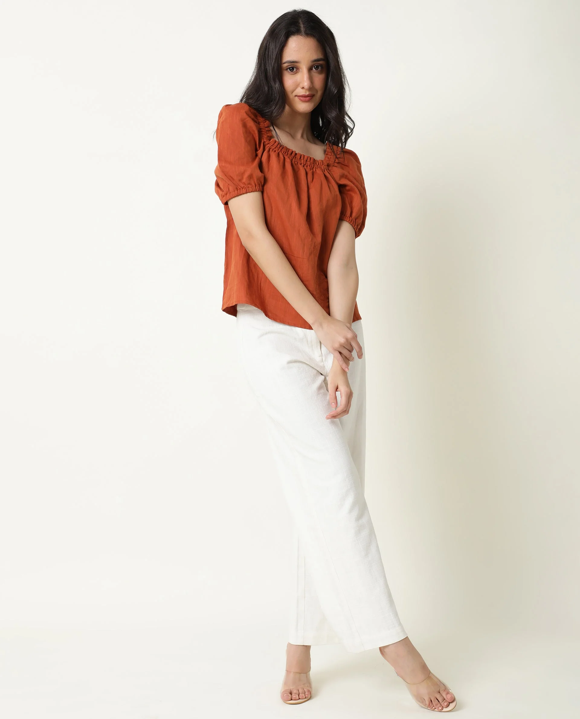 Rareism Womens Gamora Rust Top Cotton Linen Fabric Loose Fit Puff Sleeves Square Neck - Image 8