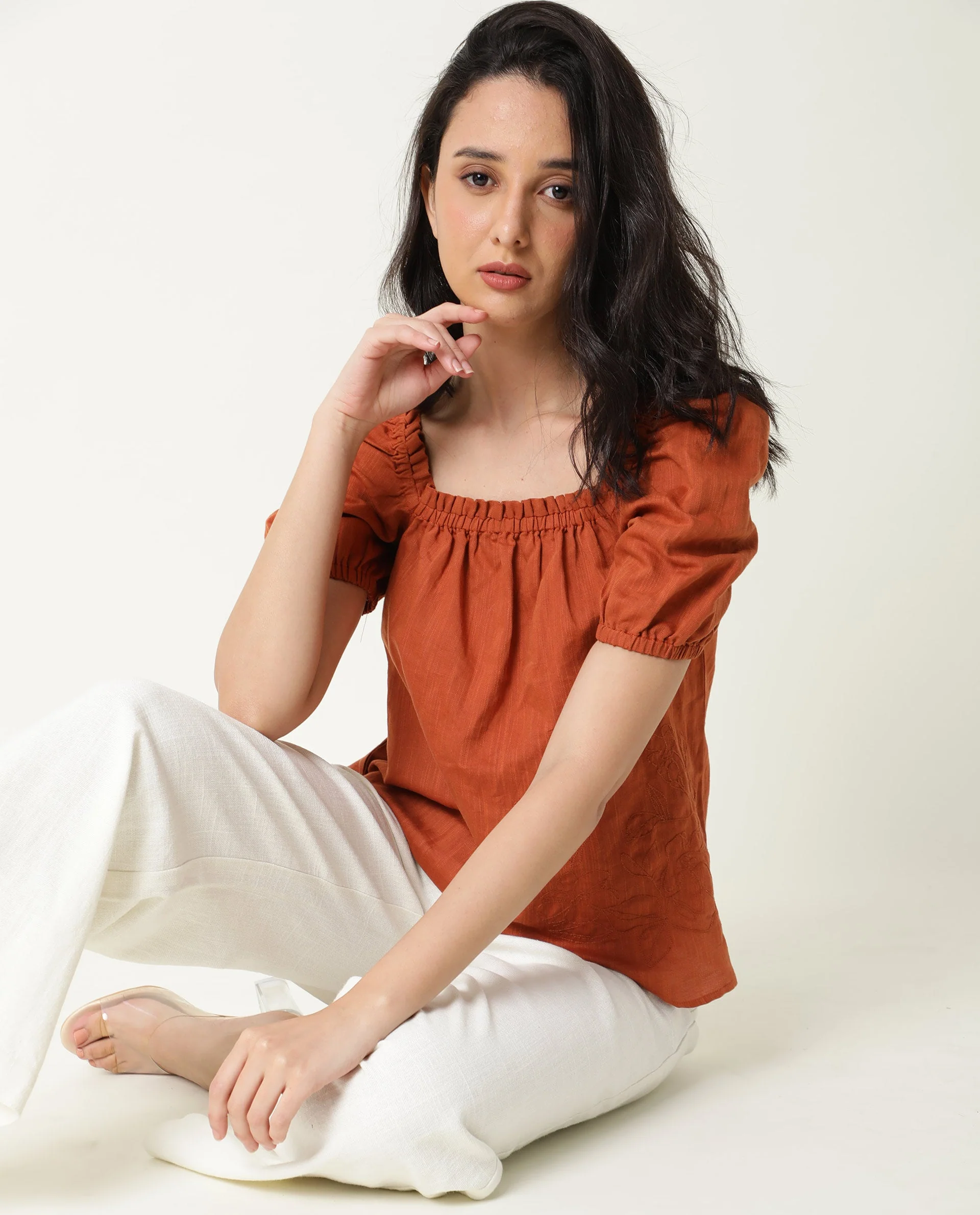 Rareism Womens Gamora Rust Top Cotton Linen Fabric Loose Fit Puff Sleeves Square Neck - Image 9