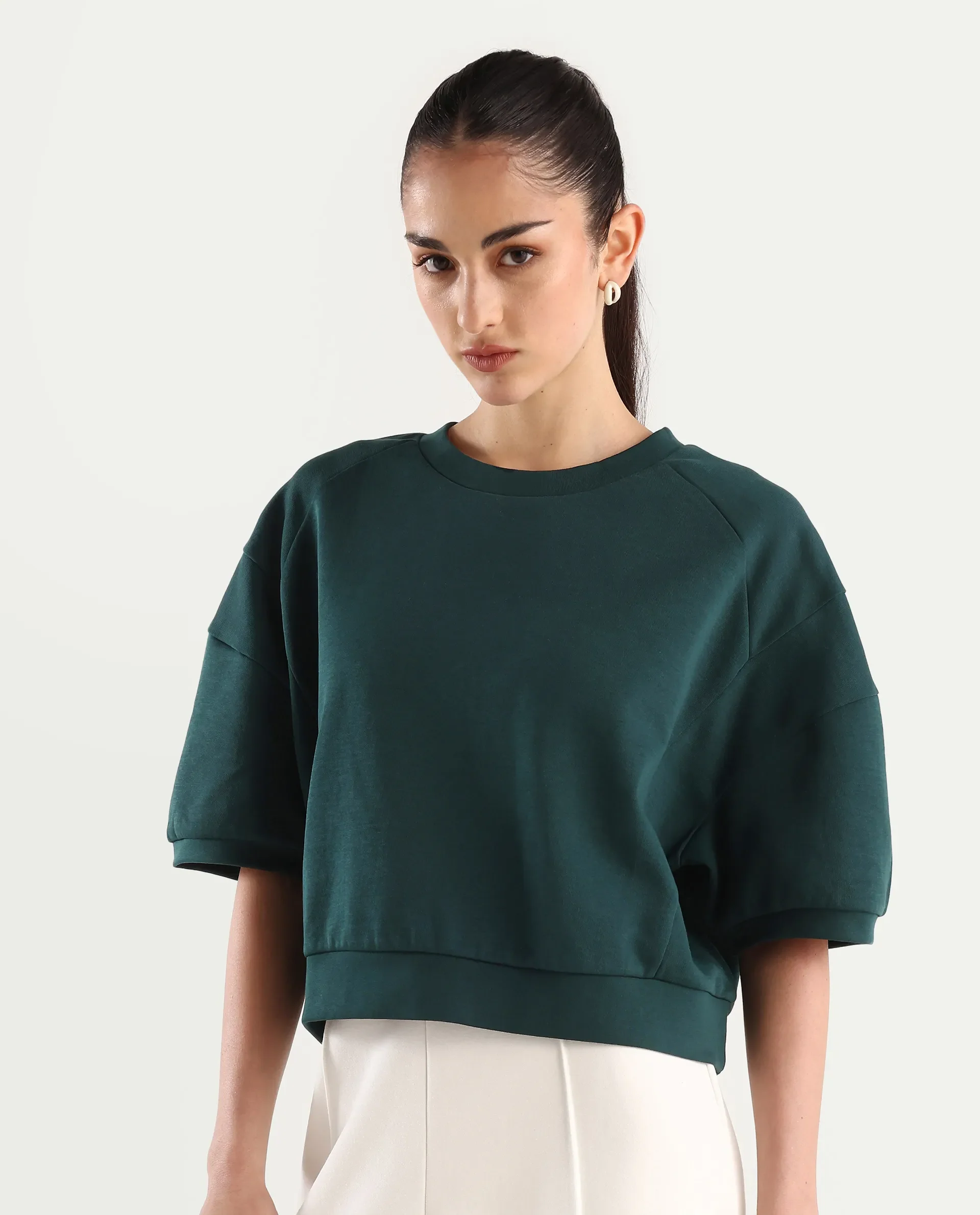 Rareism Women's Ganges Green Cotton Blend Crew Neck Plain Crop Relaxed Fit Sweatshirt - Image 3