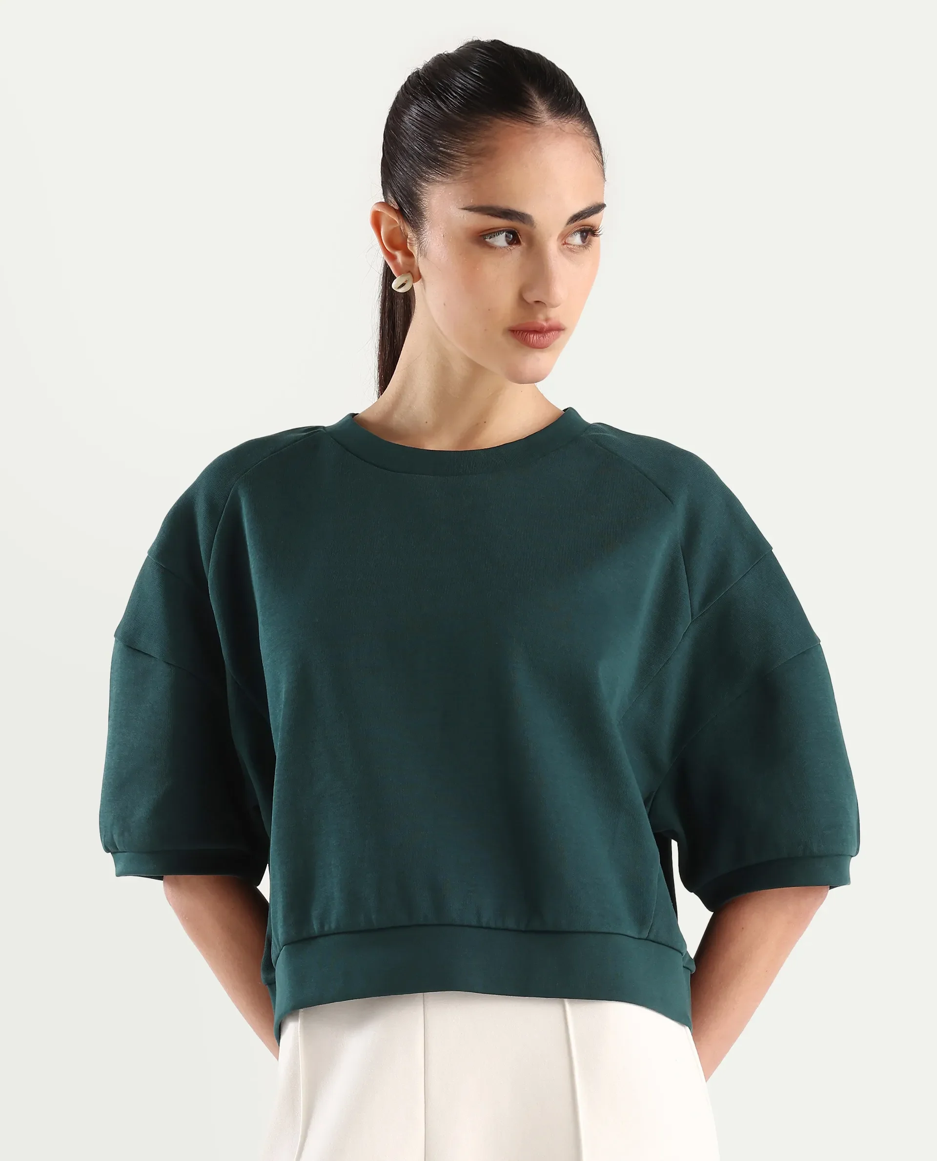 Rareism Women's Ganges Green Cotton Blend Crew Neck Plain Crop Relaxed Fit Sweatshirt - Image 4