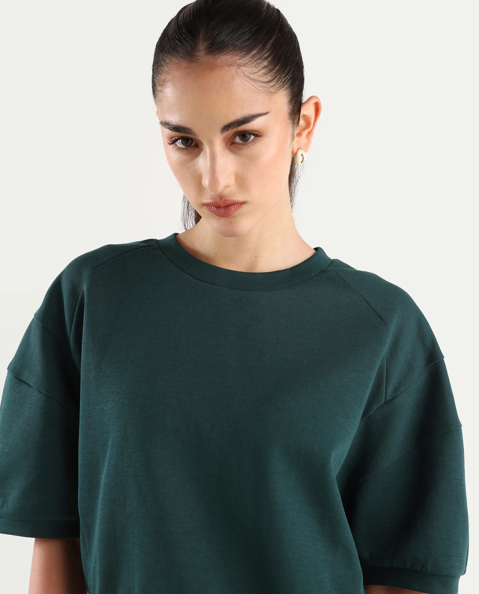 Rareism Women's Ganges Green Cotton Blend Crew Neck Plain Crop Relaxed Fit Sweatshirt - Image 5