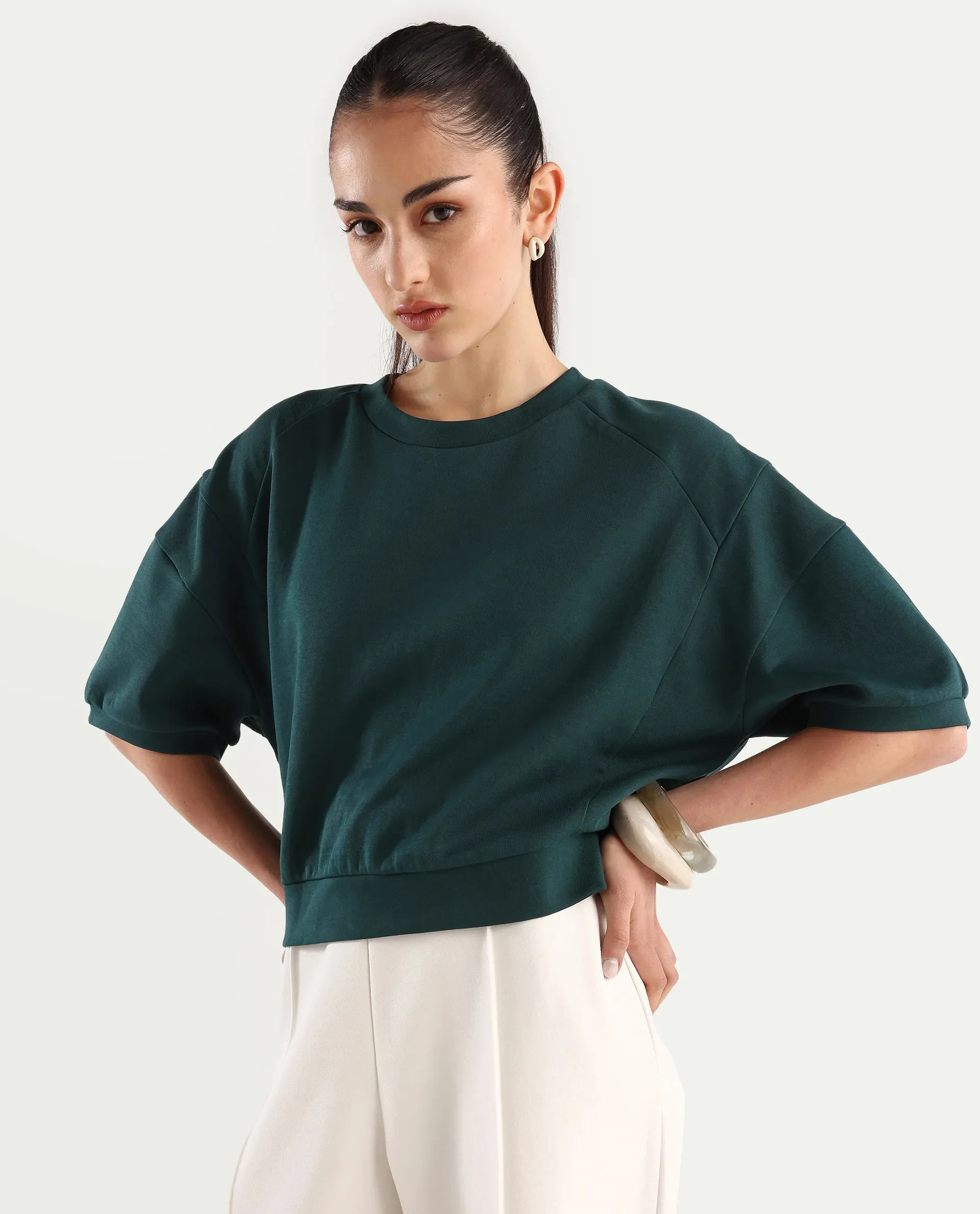 Rareism Women's Ganges Green Cotton Blend Crew Neck Plain Crop Relaxed Fit Sweatshirt - Image 6