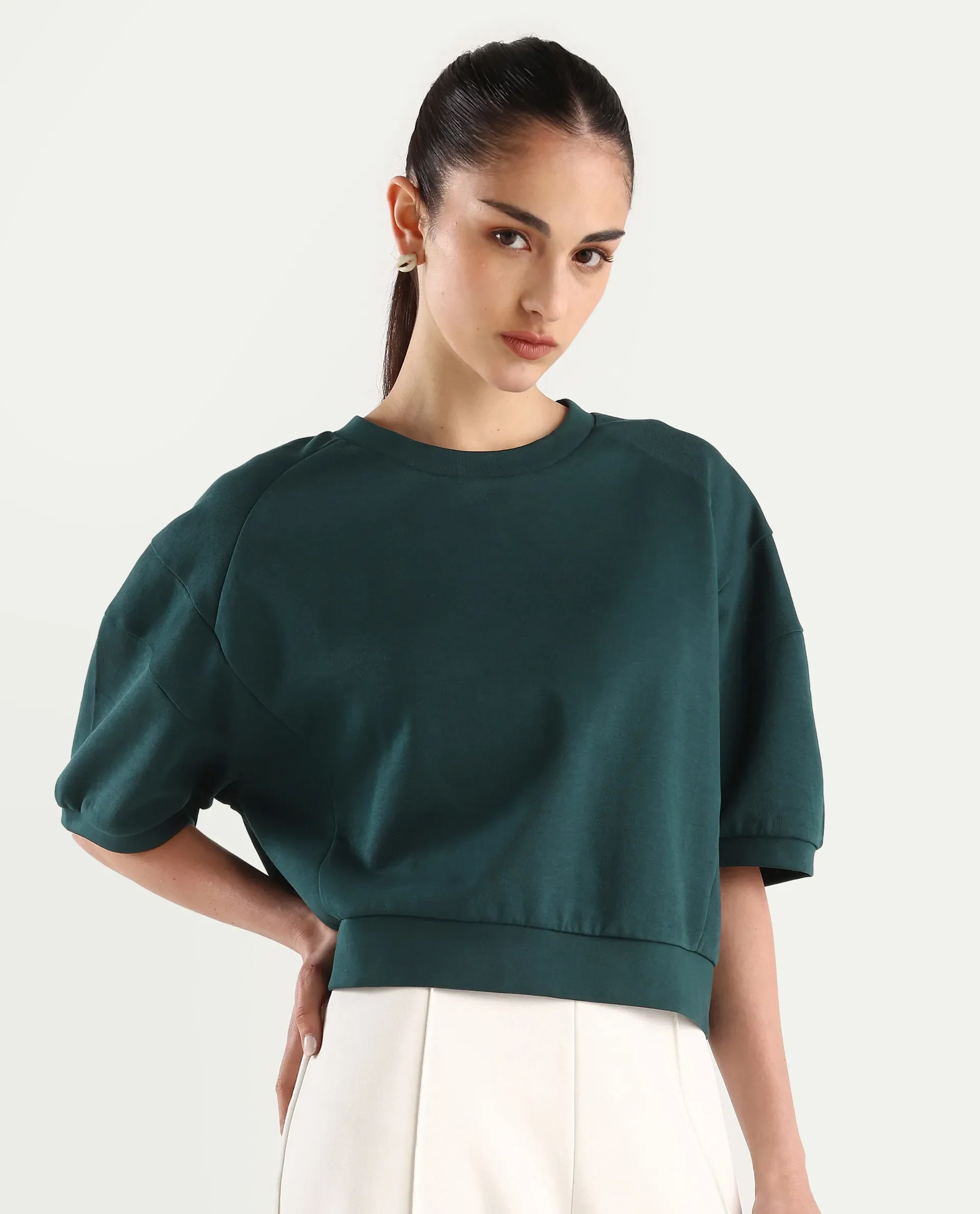 Rareism Women's Ganges Green Cotton Blend Crew Neck Plain Crop Relaxed Fit Sweatshirt - Image 7