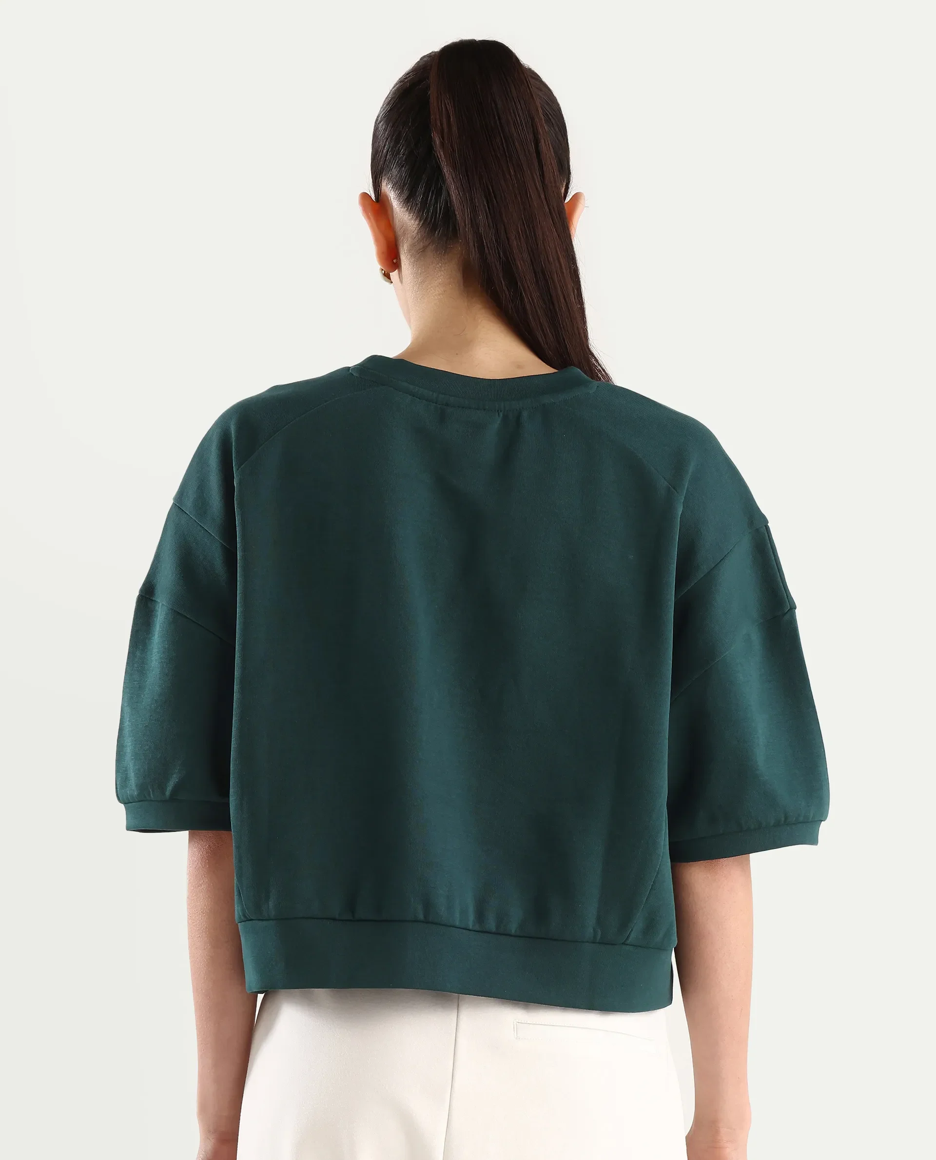 Rareism Women's Ganges Green Cotton Blend Crew Neck Plain Crop Relaxed Fit Sweatshirt - Image 8