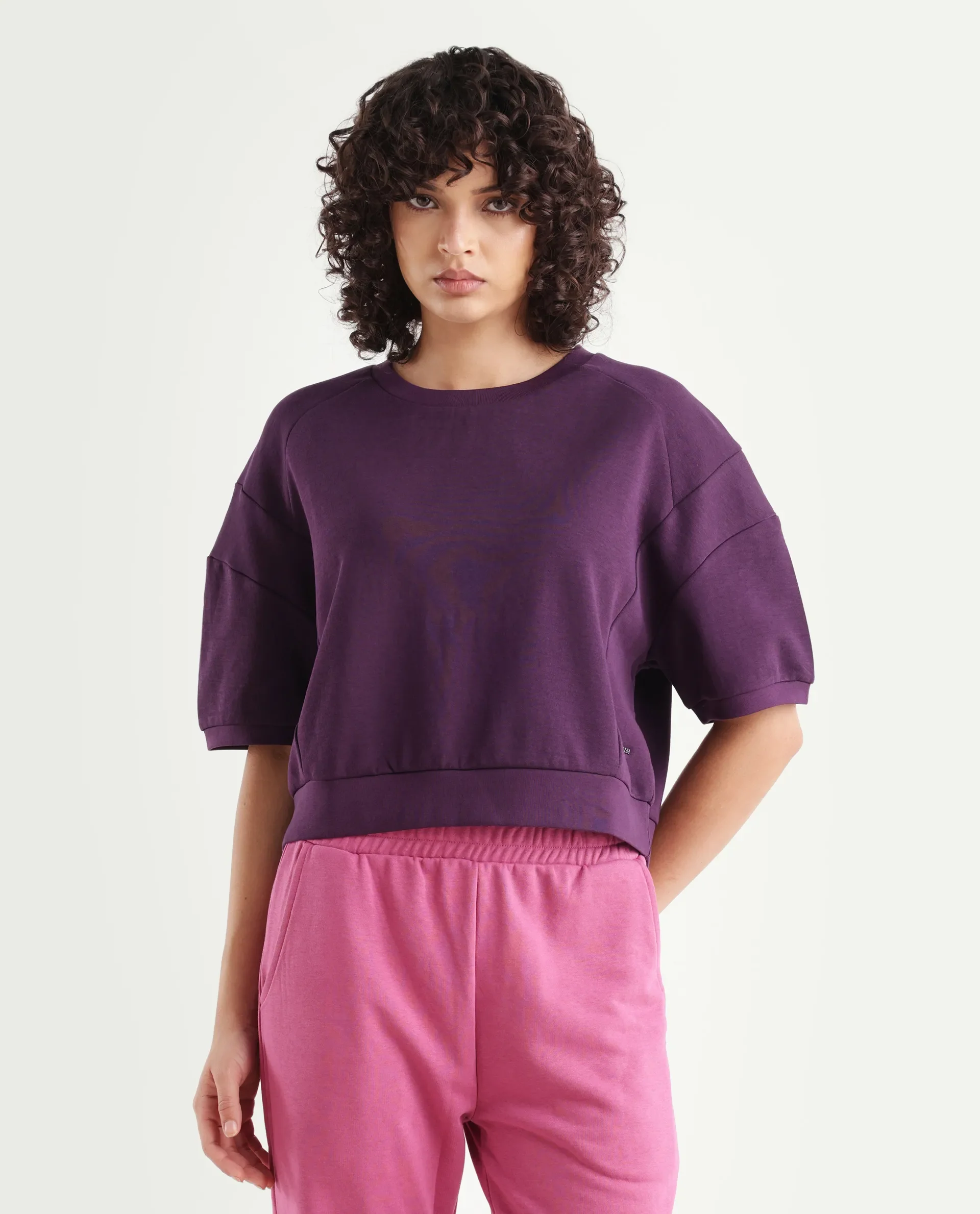 Rareism Women's Ganges Purple Cotton Blend Crew Neck Plain Crop Relaxed Fit Sweatshirt - Image 3