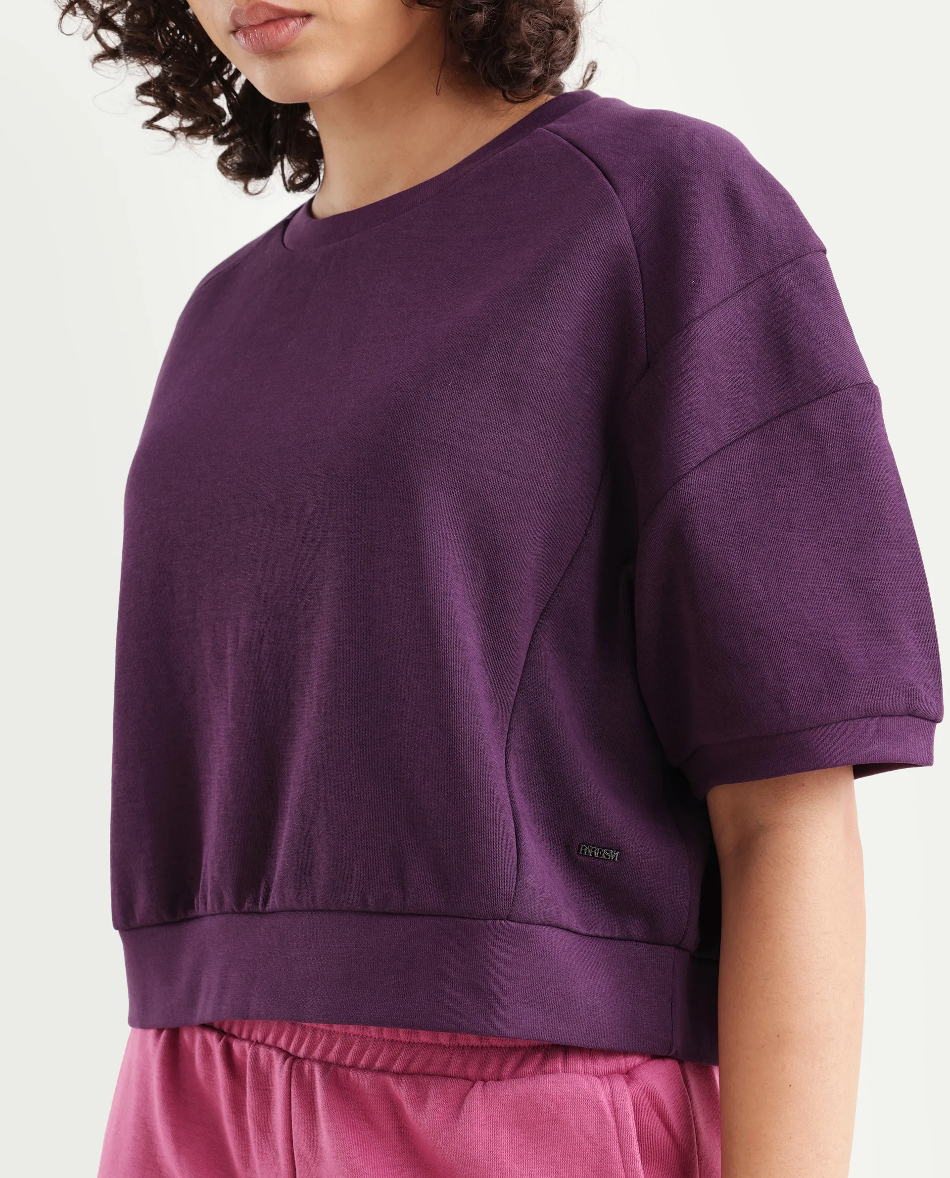 Rareism Women's Ganges Purple Cotton Blend Crew Neck Plain Crop Relaxed Fit Sweatshirt - Image 4
