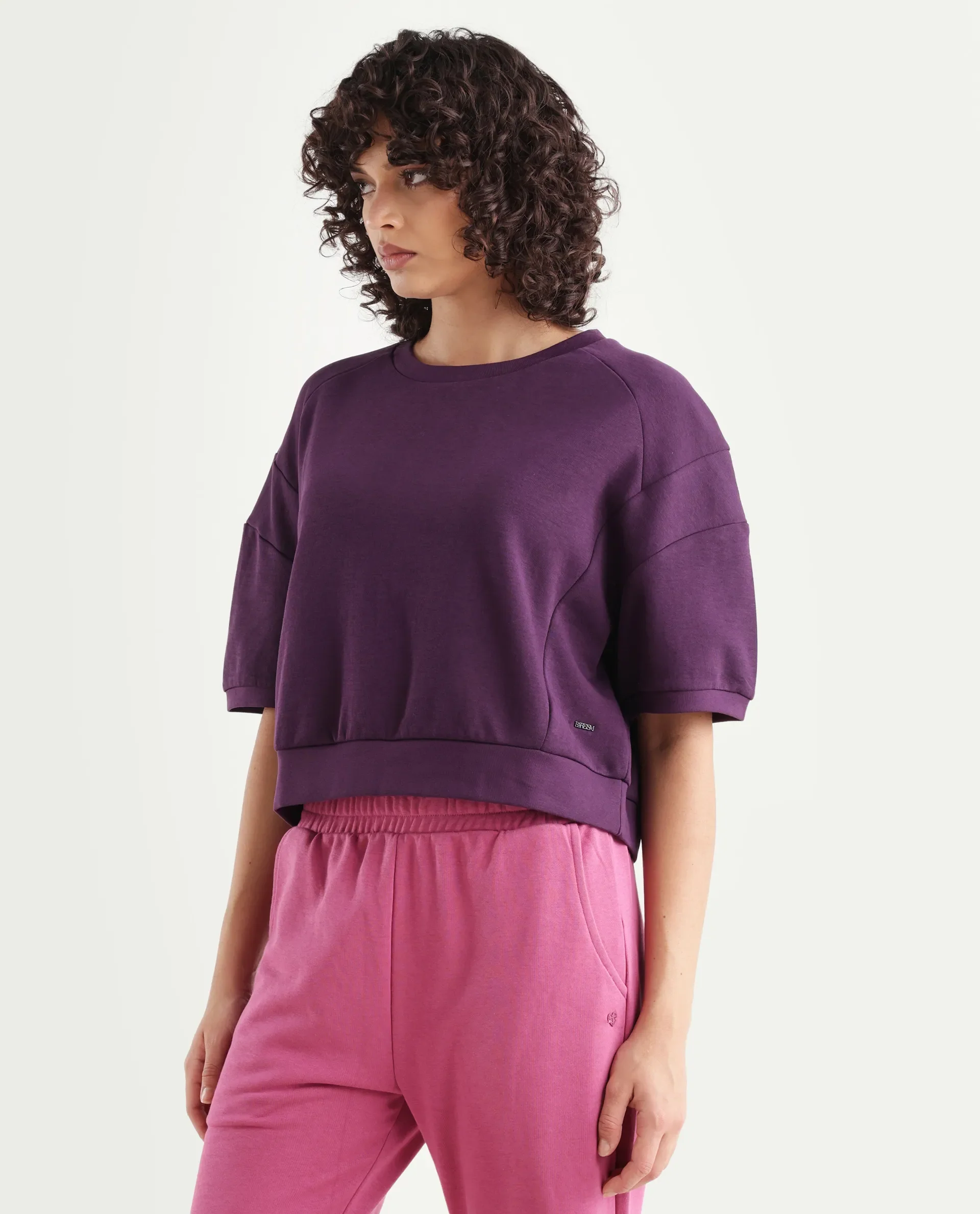 Rareism Women's Ganges Purple Cotton Blend Crew Neck Plain Crop Relaxed Fit Sweatshirt - Image 5