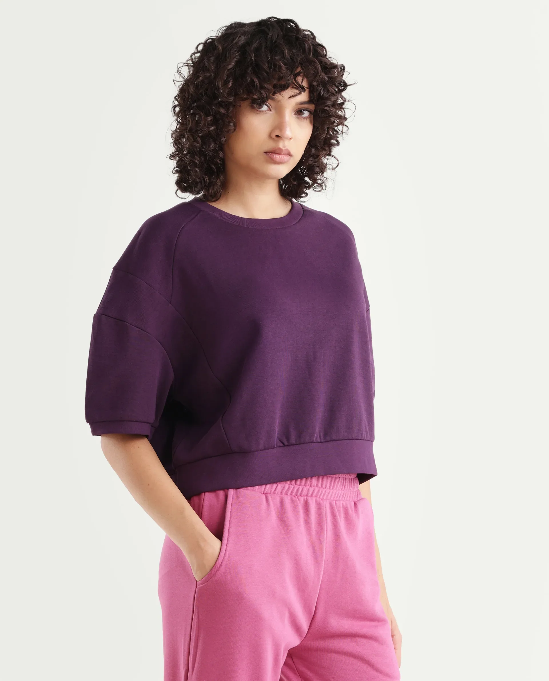 Rareism Women's Ganges Purple Cotton Blend Crew Neck Plain Crop Relaxed Fit Sweatshirt - Image 6