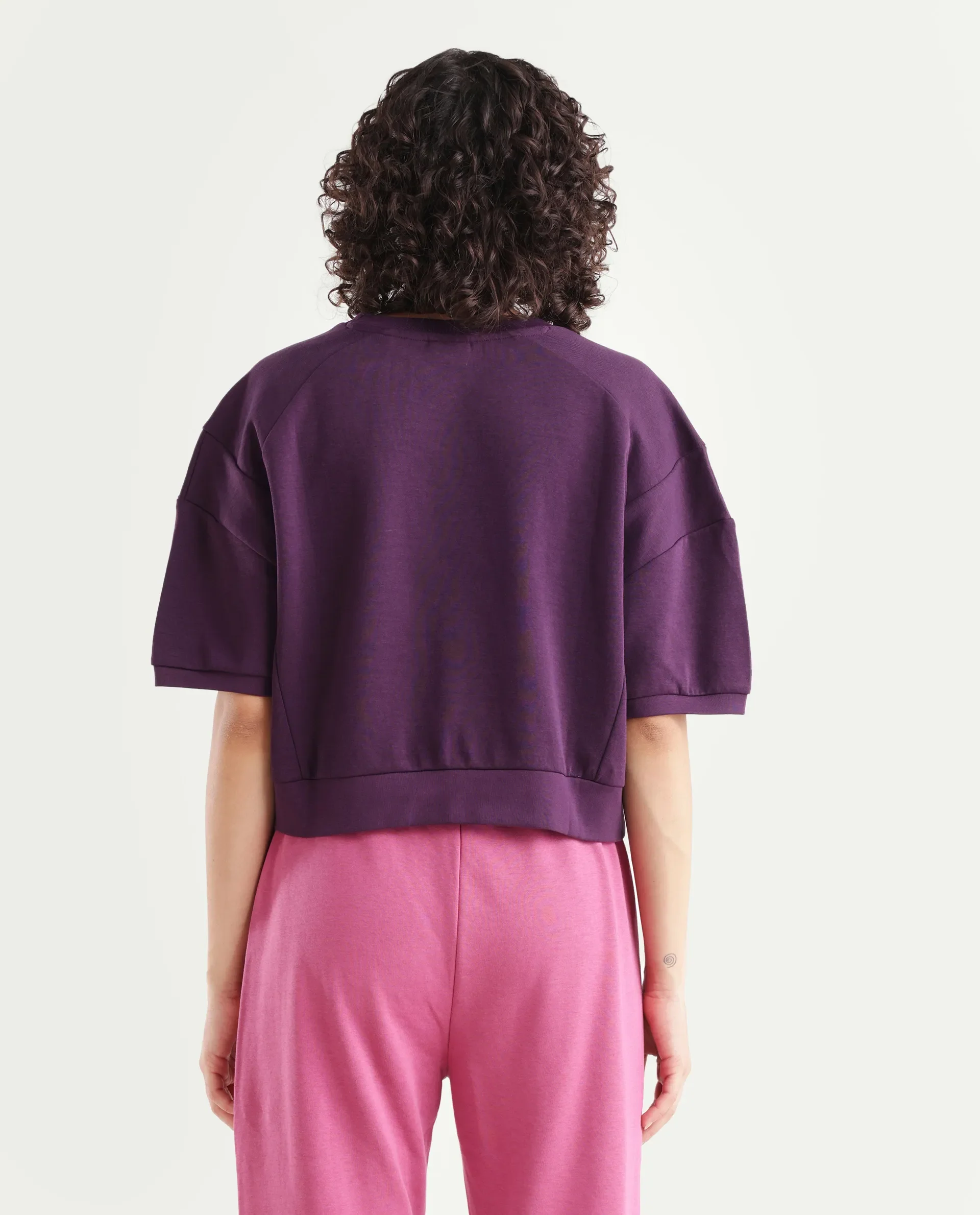 Rareism Women's Ganges Purple Cotton Blend Crew Neck Plain Crop Relaxed Fit Sweatshirt - Image 7