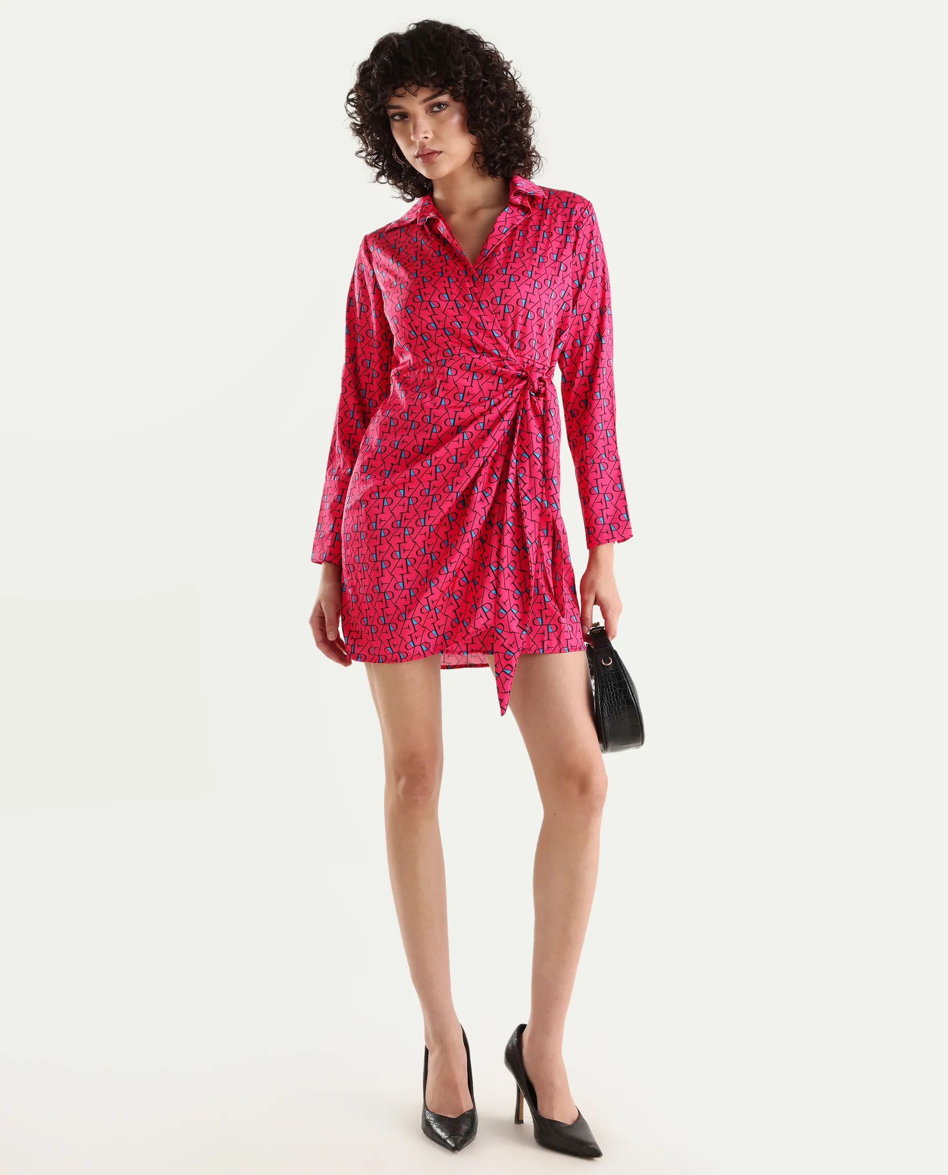 Rareism Women's Gangiv Flouroscent Pink Overlap Neck Monogram Print Cuffed Sleeve Mini Wrap Dress - Image 2
