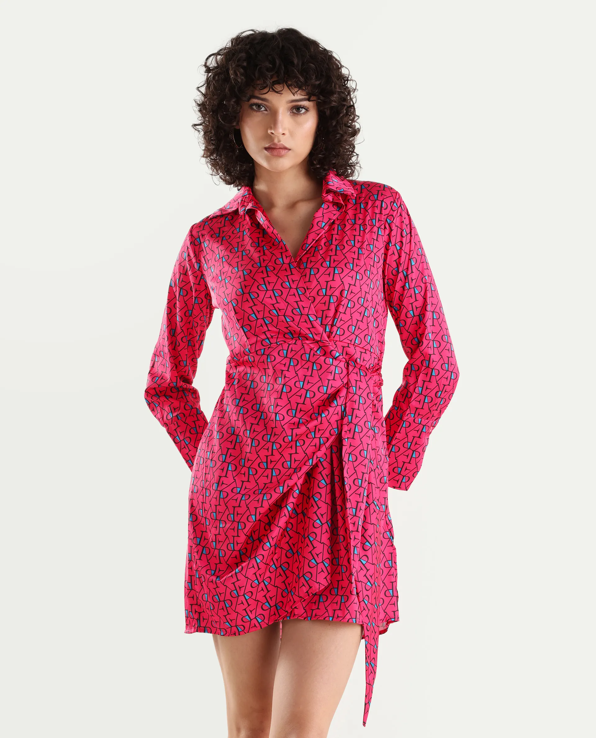Rareism Women's Gangiv Flouroscent Pink Overlap Neck Monogram Print Cuffed Sleeve Mini Wrap Dress - Image 3