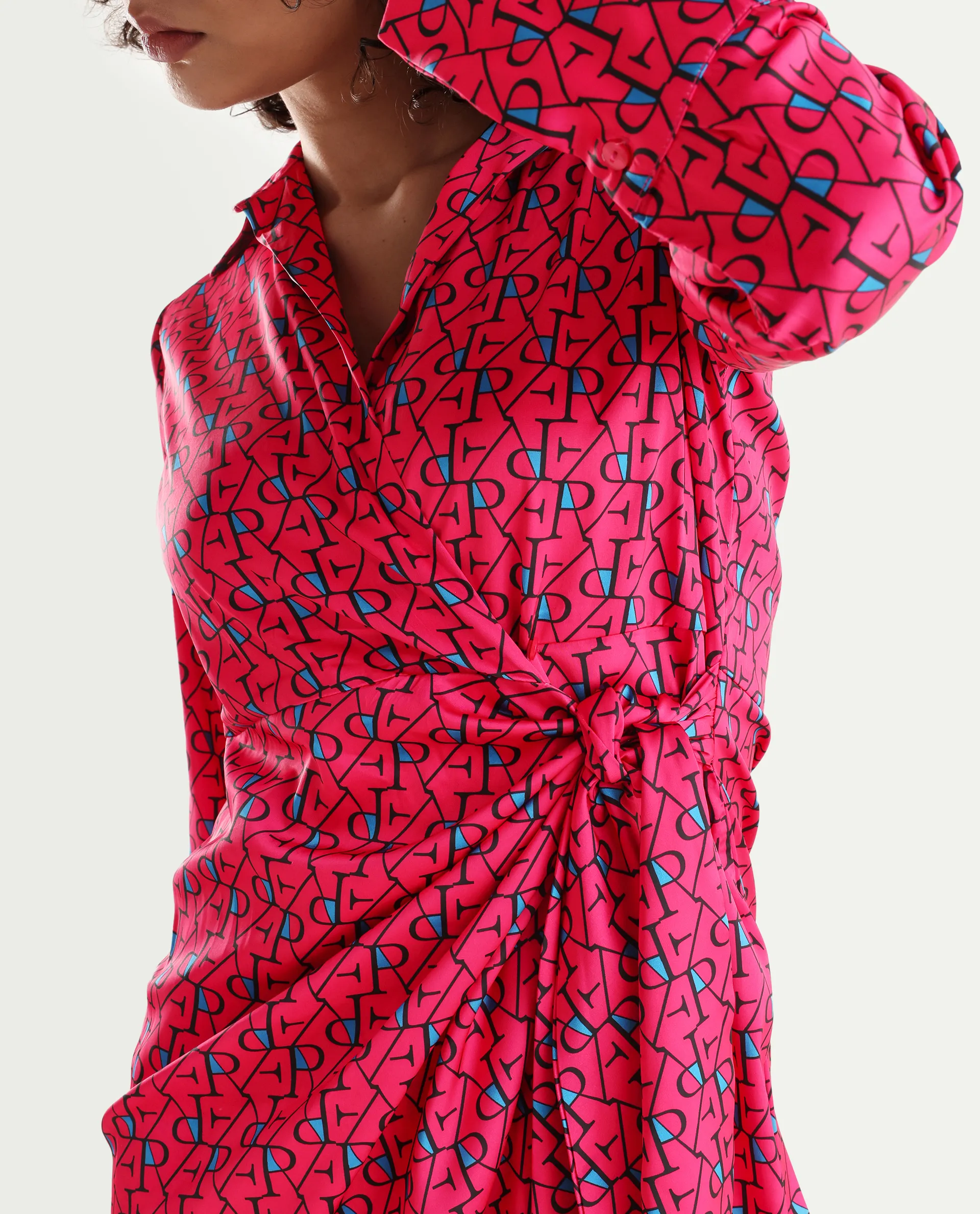 Rareism Women's Gangiv Flouroscent Pink Overlap Neck Monogram Print Cuffed Sleeve Mini Wrap Dress - Image 4