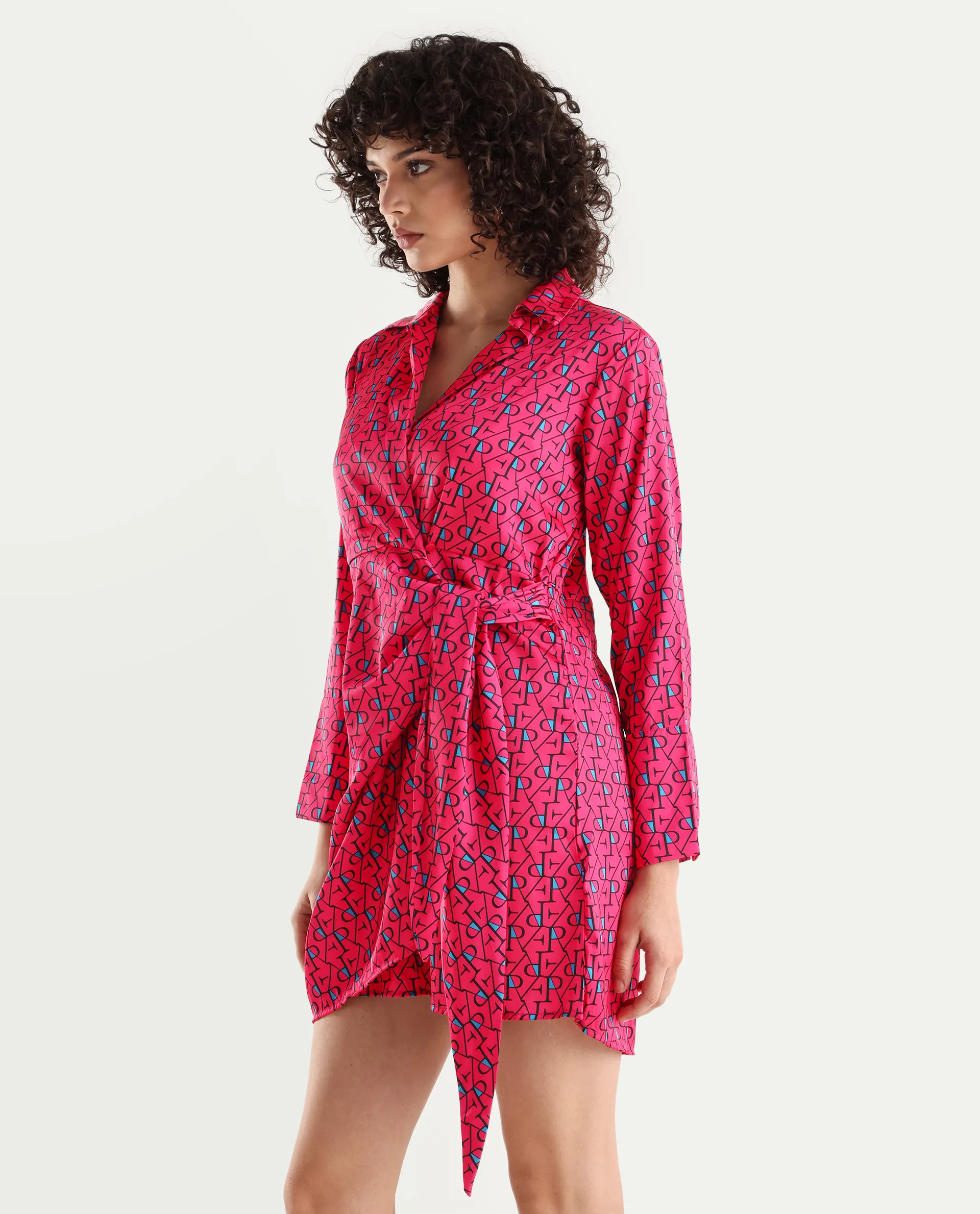 Rareism Women's Gangiv Flouroscent Pink Overlap Neck Monogram Print Cuffed Sleeve Mini Wrap Dress - Image 5