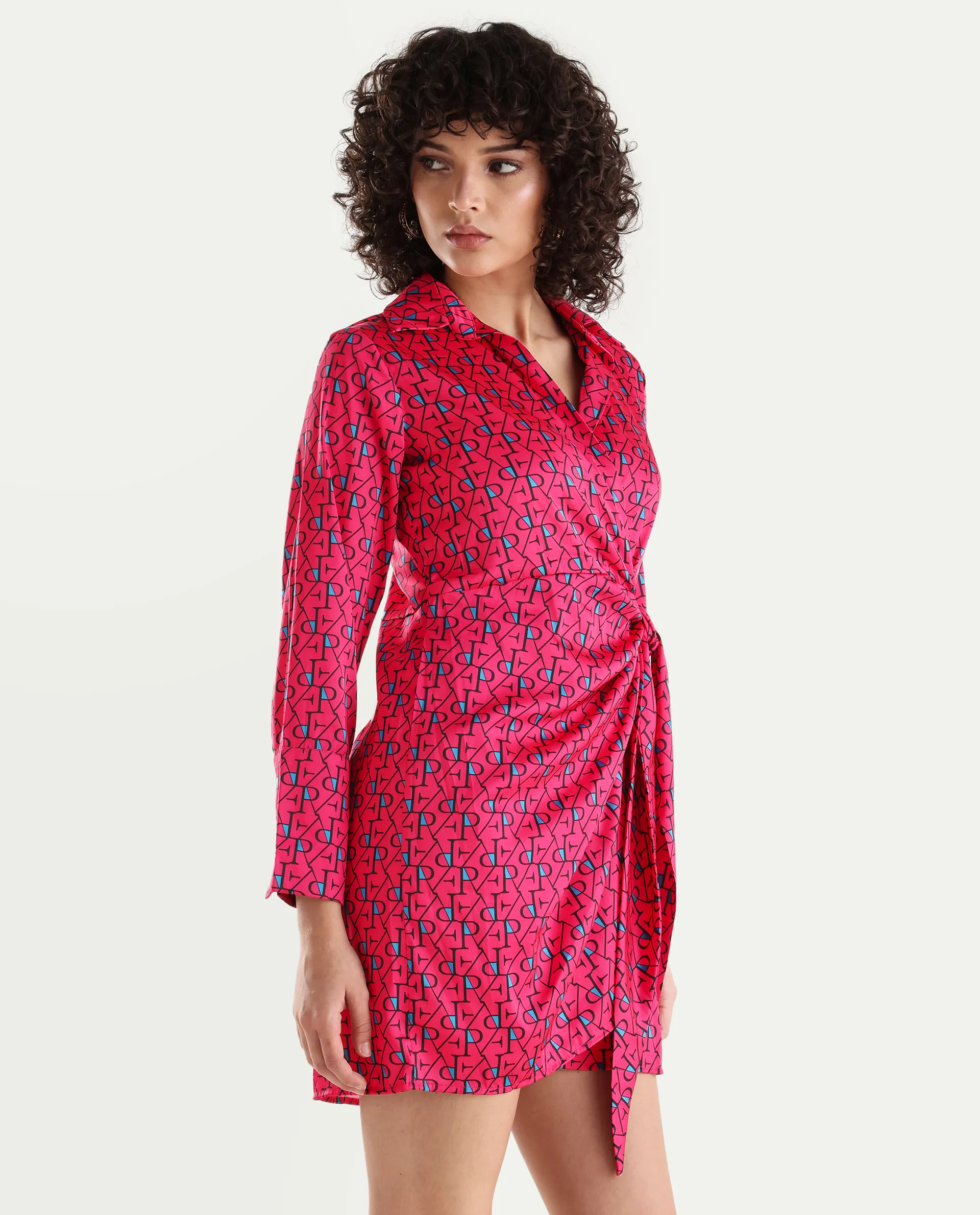 Rareism Women's Gangiv Flouroscent Pink Overlap Neck Monogram Print Cuffed Sleeve Mini Wrap Dress - Image 6