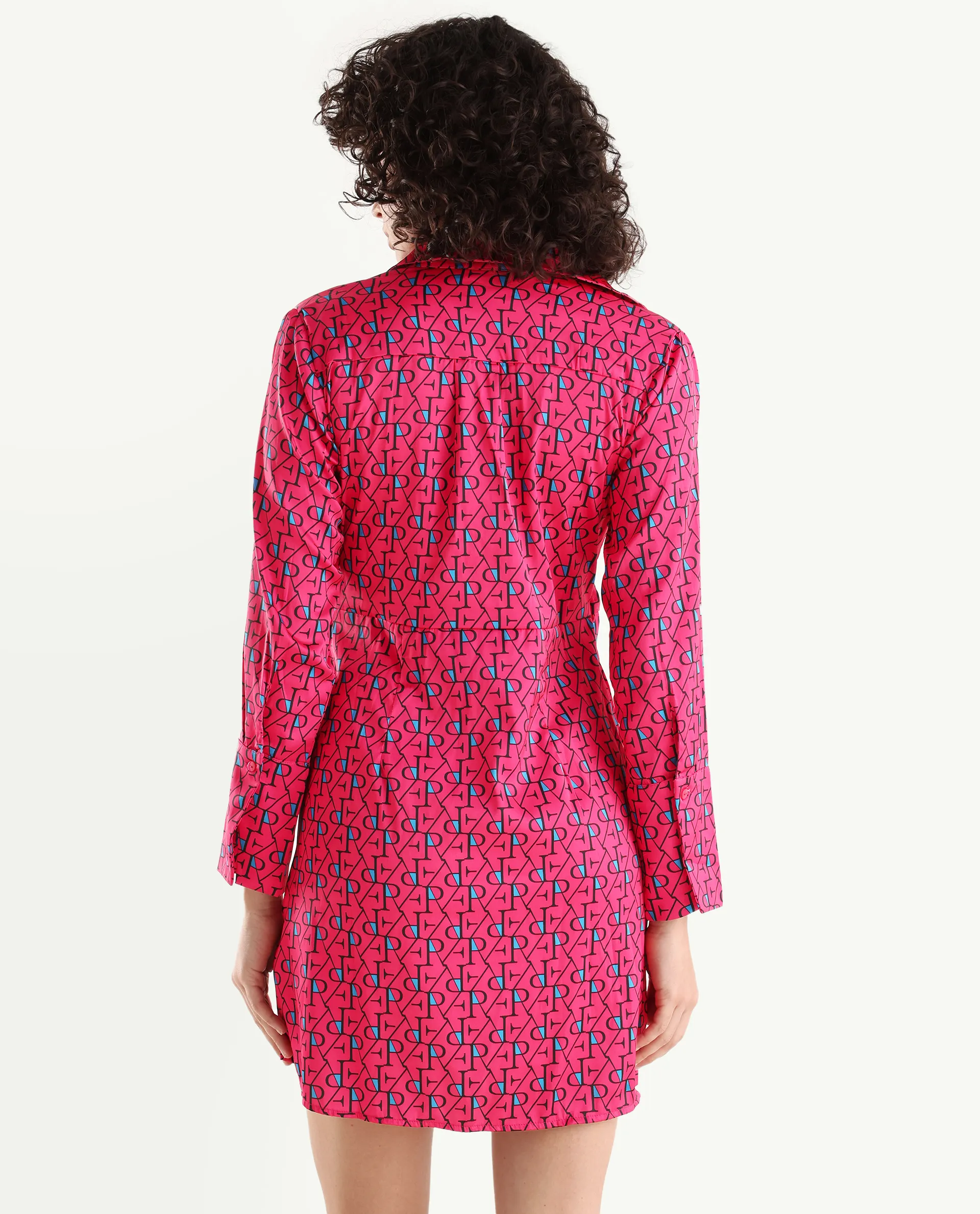 Rareism Women's Gangiv Flouroscent Pink Overlap Neck Monogram Print Cuffed Sleeve Mini Wrap Dress - Image 7