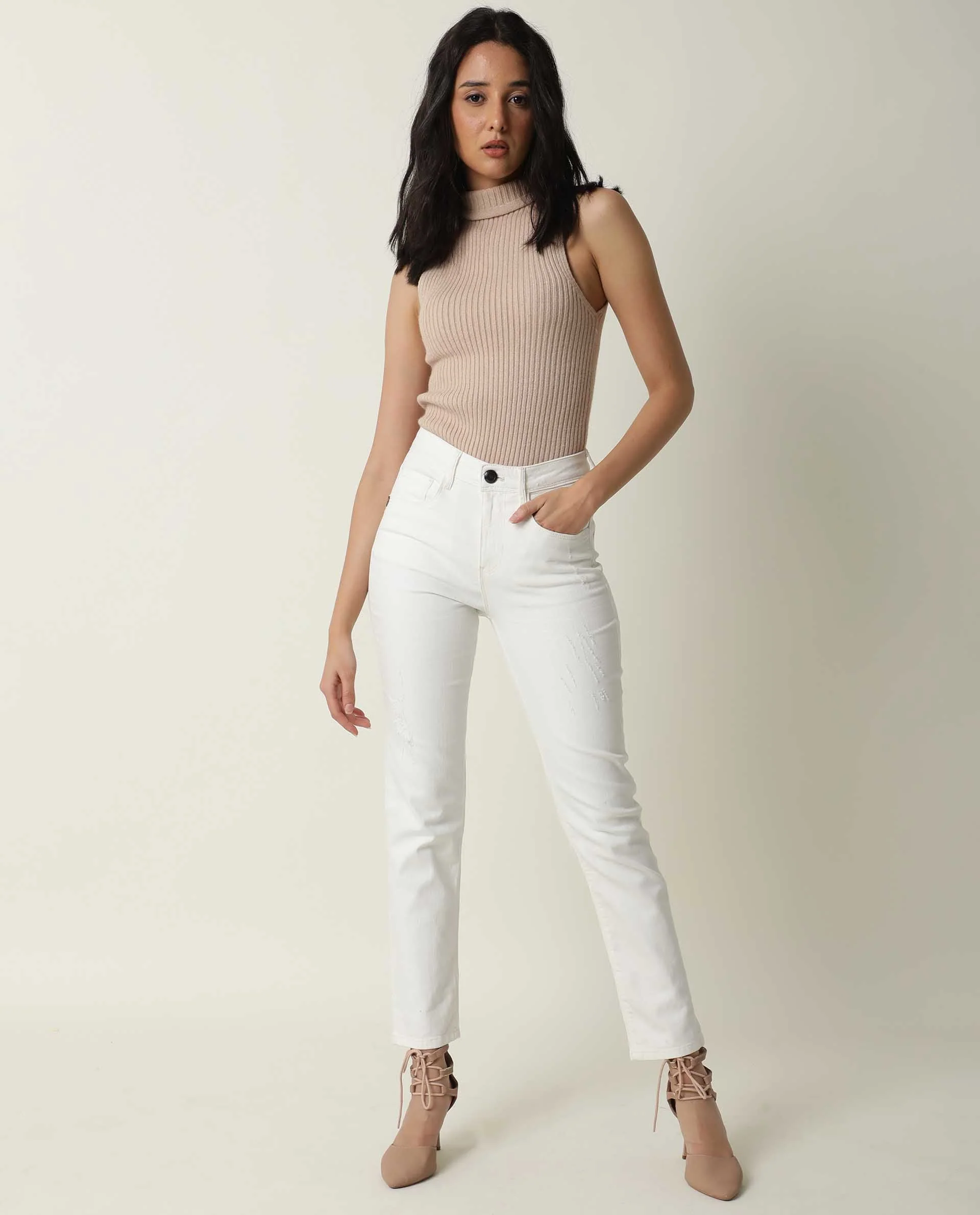 Rareism Women's Gara White Cotton Plain Ankle Length Tailored Jeans - Image 2