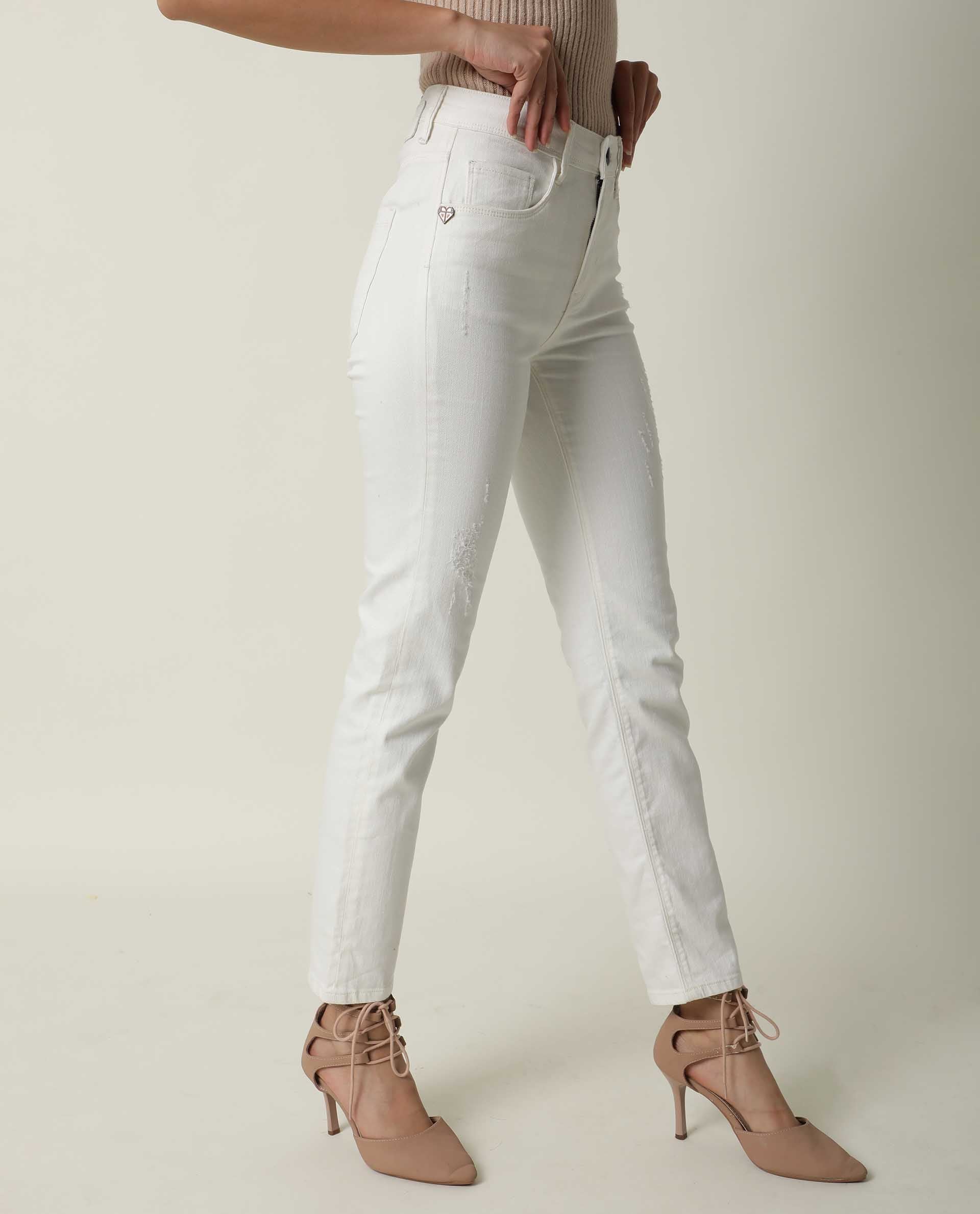 Rareism Women's Gara White Cotton Plain Ankle Length Tailored Jeans - Image 6