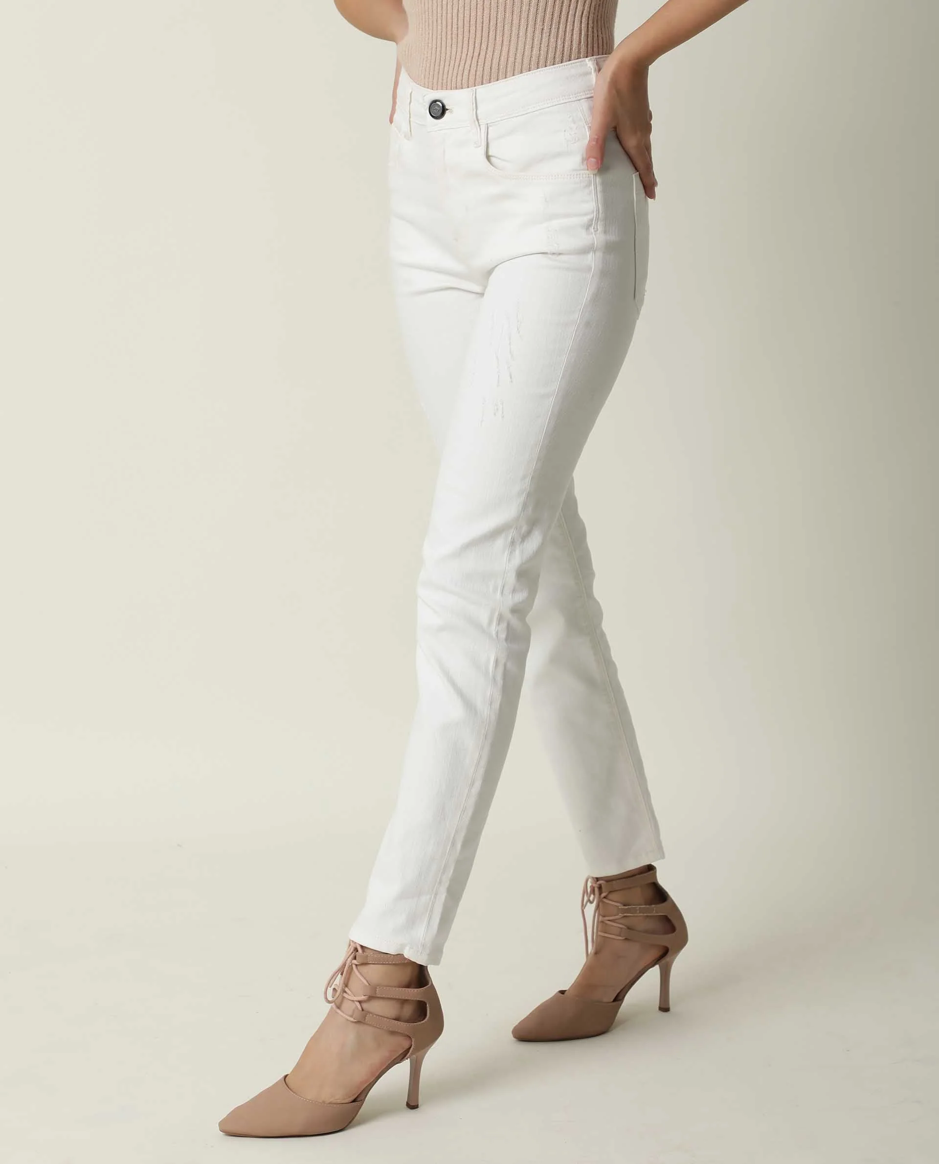 Rareism Women's Gara White Cotton Plain Ankle Length Tailored Jeans - Image 7