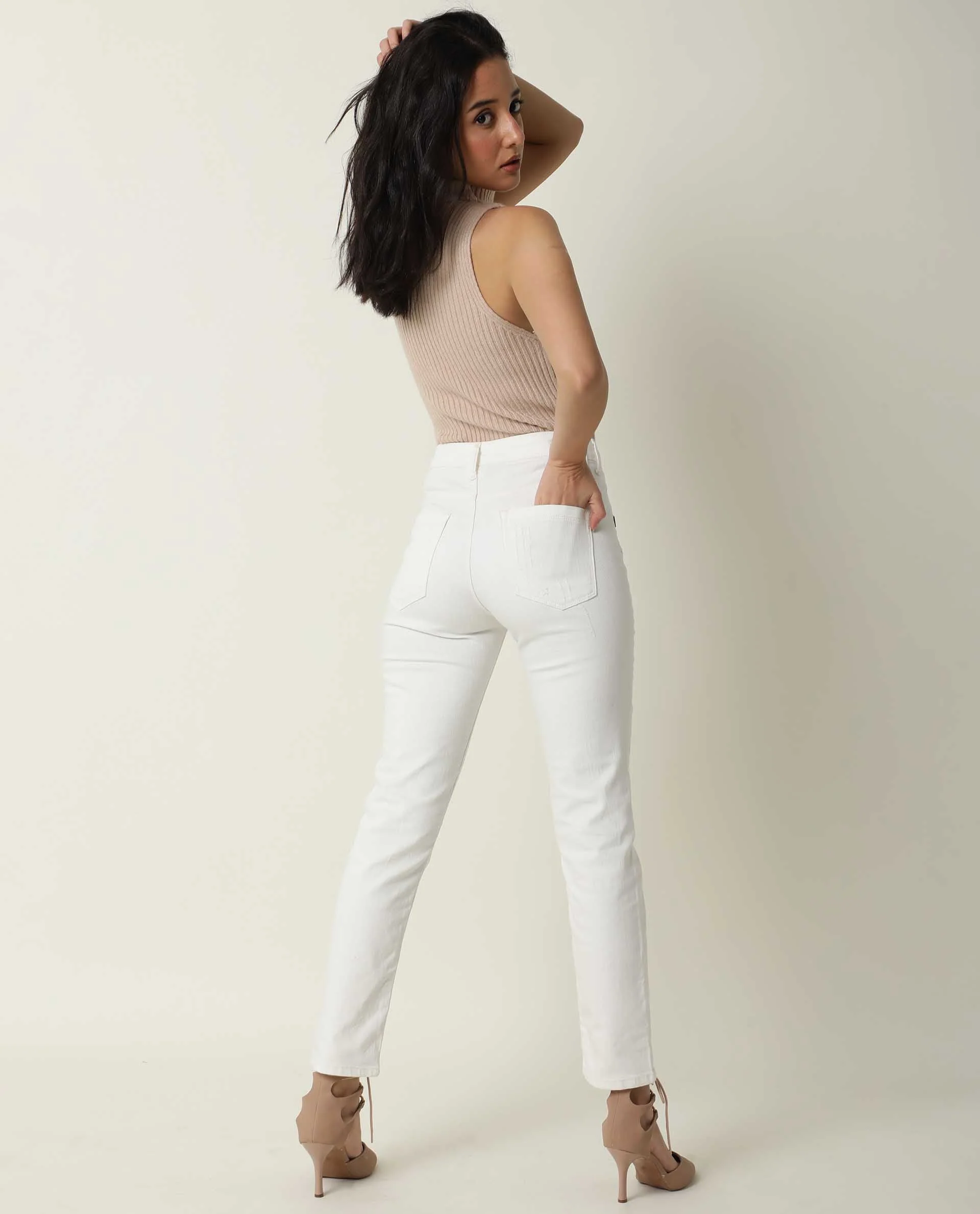 Rareism Women's Gara White Cotton Plain Ankle Length Tailored Jeans - Image 9