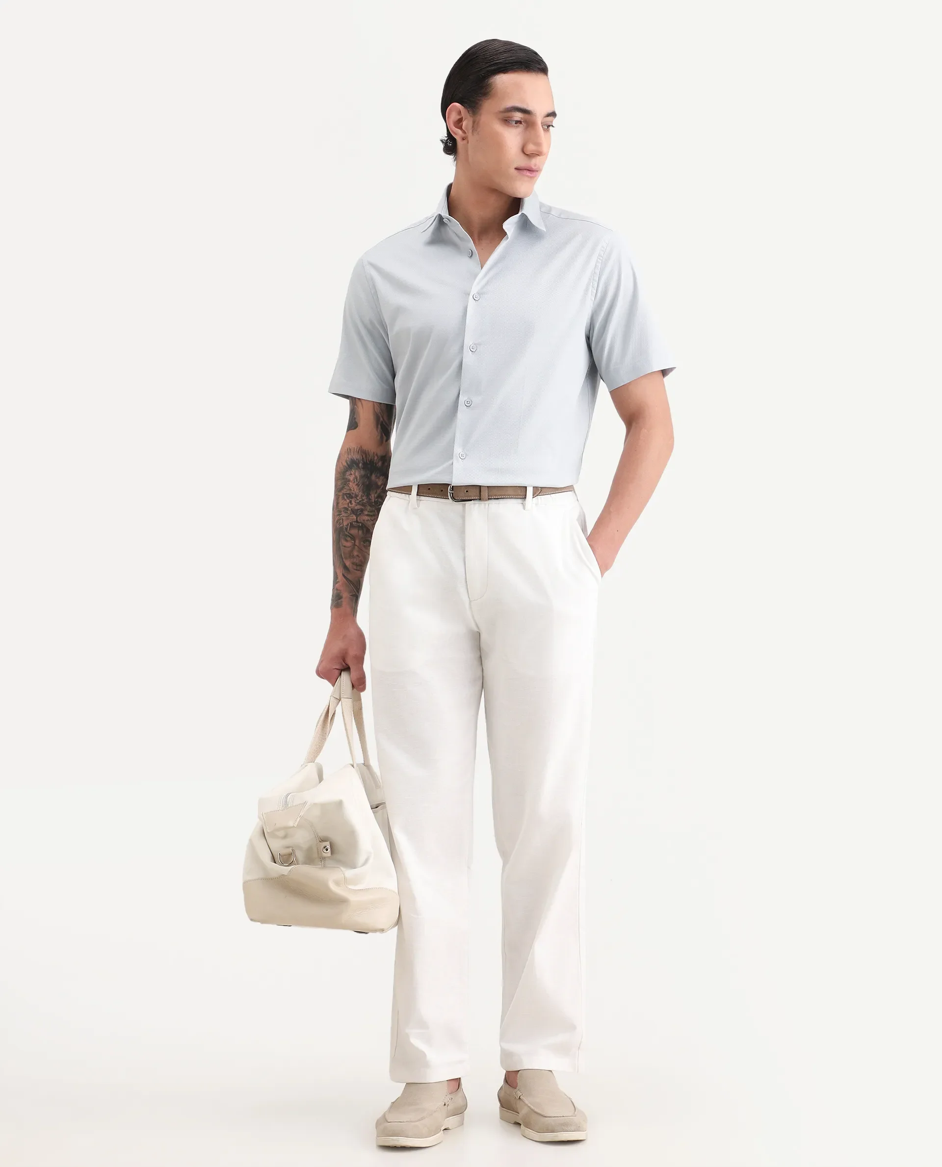 Rare Rabbit Men's Garah Light Grey Cotton Blend Fabric Half Sleeve Regular Fit Shirt - Image 2