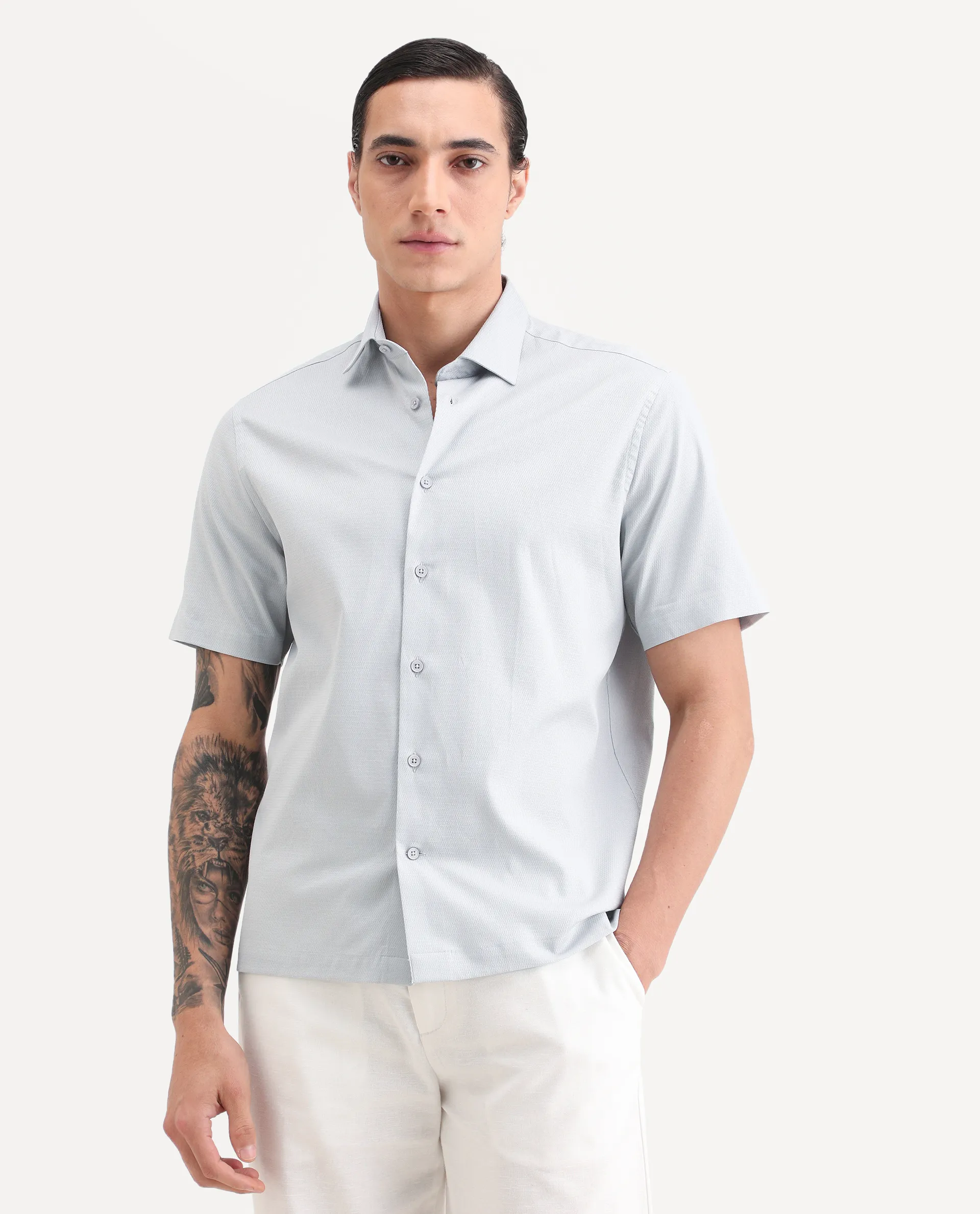 Rare Rabbit Men's Garah Light Grey Cotton Blend Fabric Half Sleeve Regular Fit Shirt - Image 4