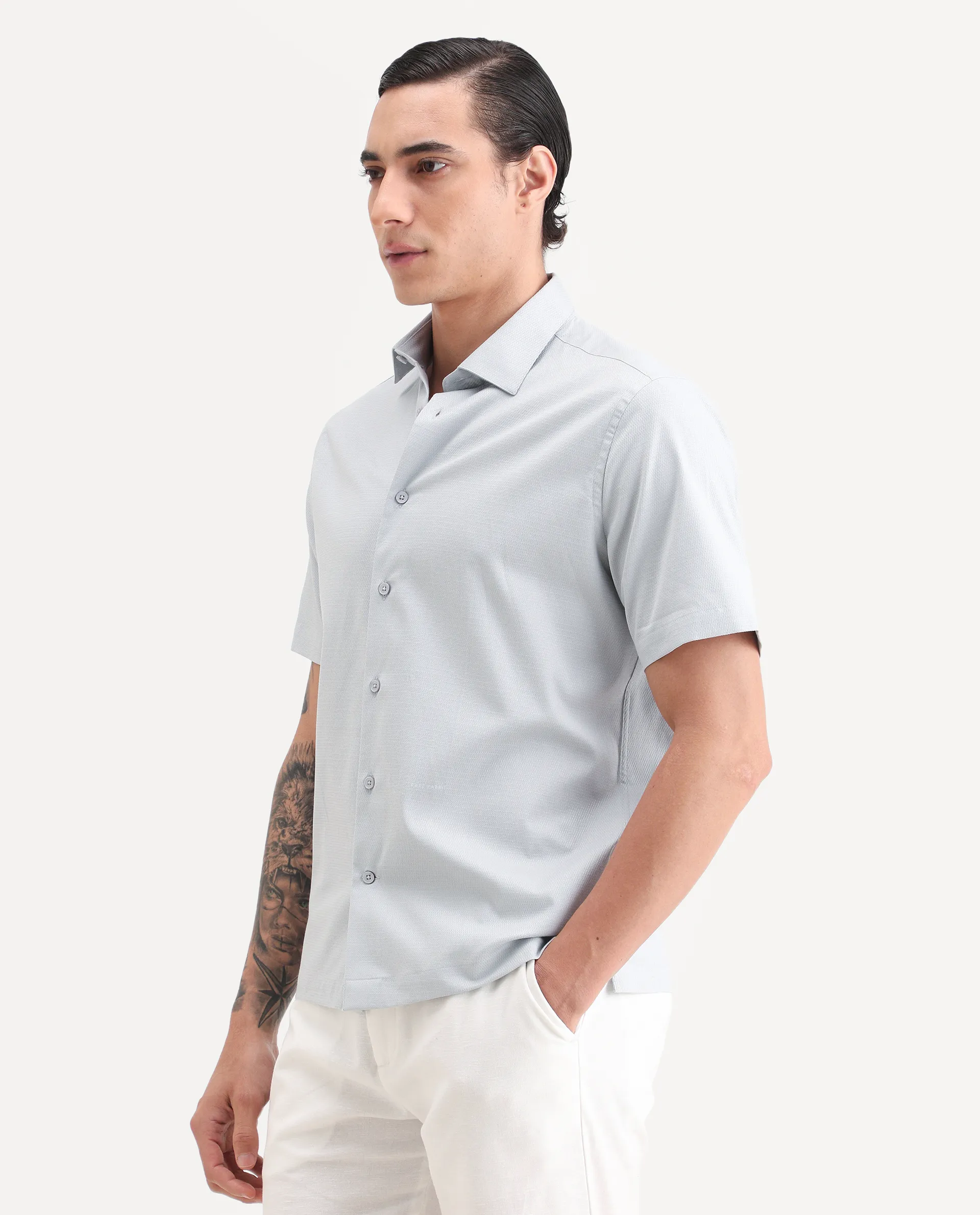 Rare Rabbit Men's Garah Light Grey Cotton Blend Fabric Half Sleeve Regular Fit Shirt - Image 5