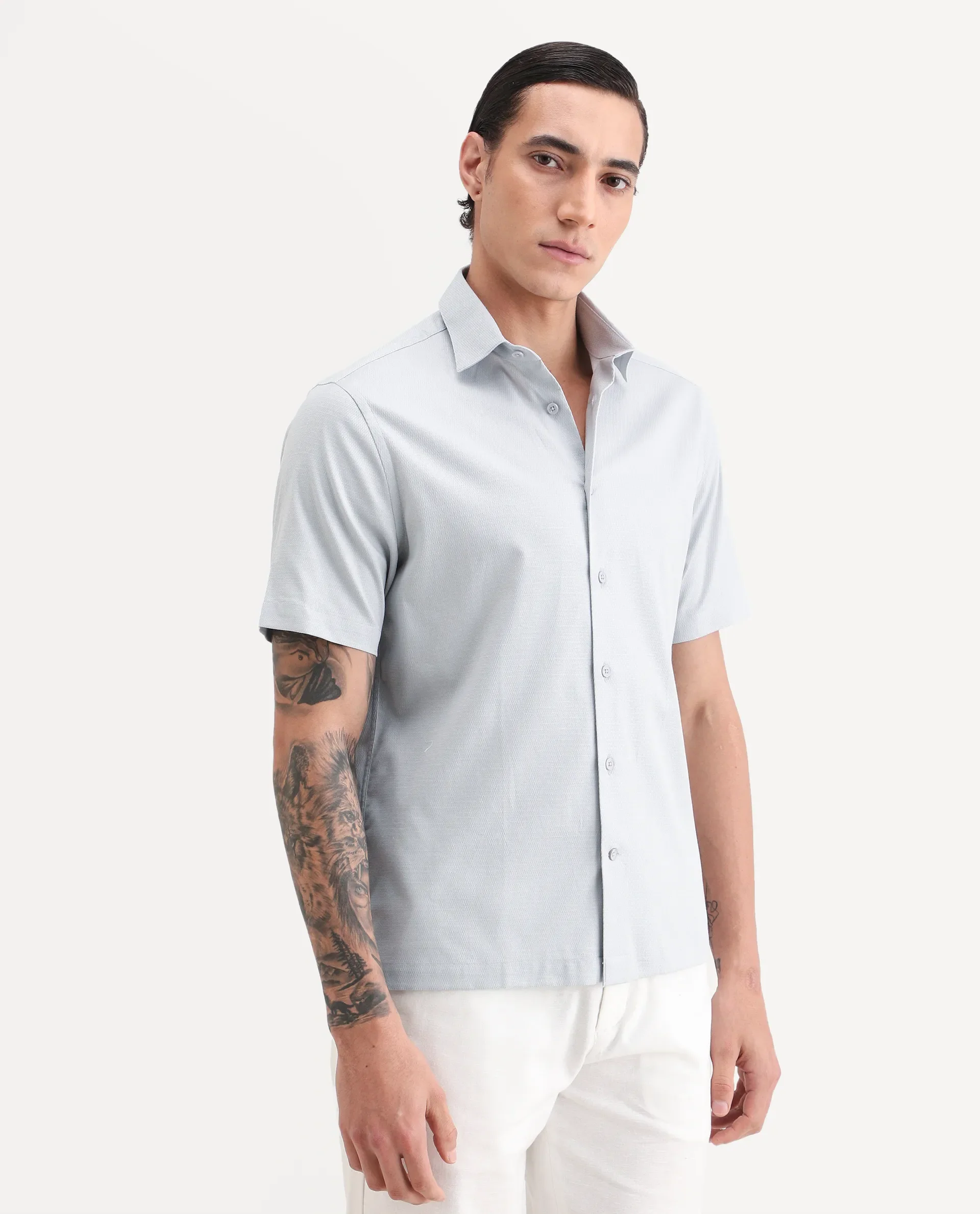 Rare Rabbit Men's Garah Light Grey Cotton Blend Fabric Half Sleeve Regular Fit Shirt - Image 6