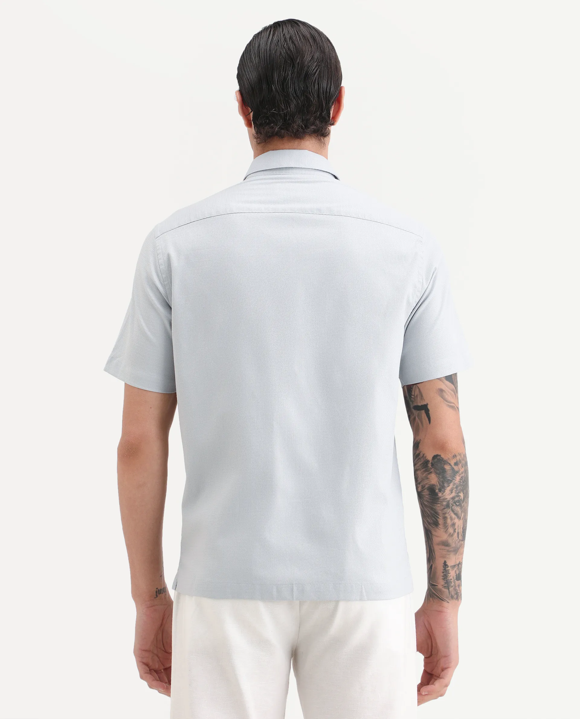 Rare Rabbit Men's Garah Light Grey Cotton Blend Fabric Half Sleeve Regular Fit Shirt - Image 7
