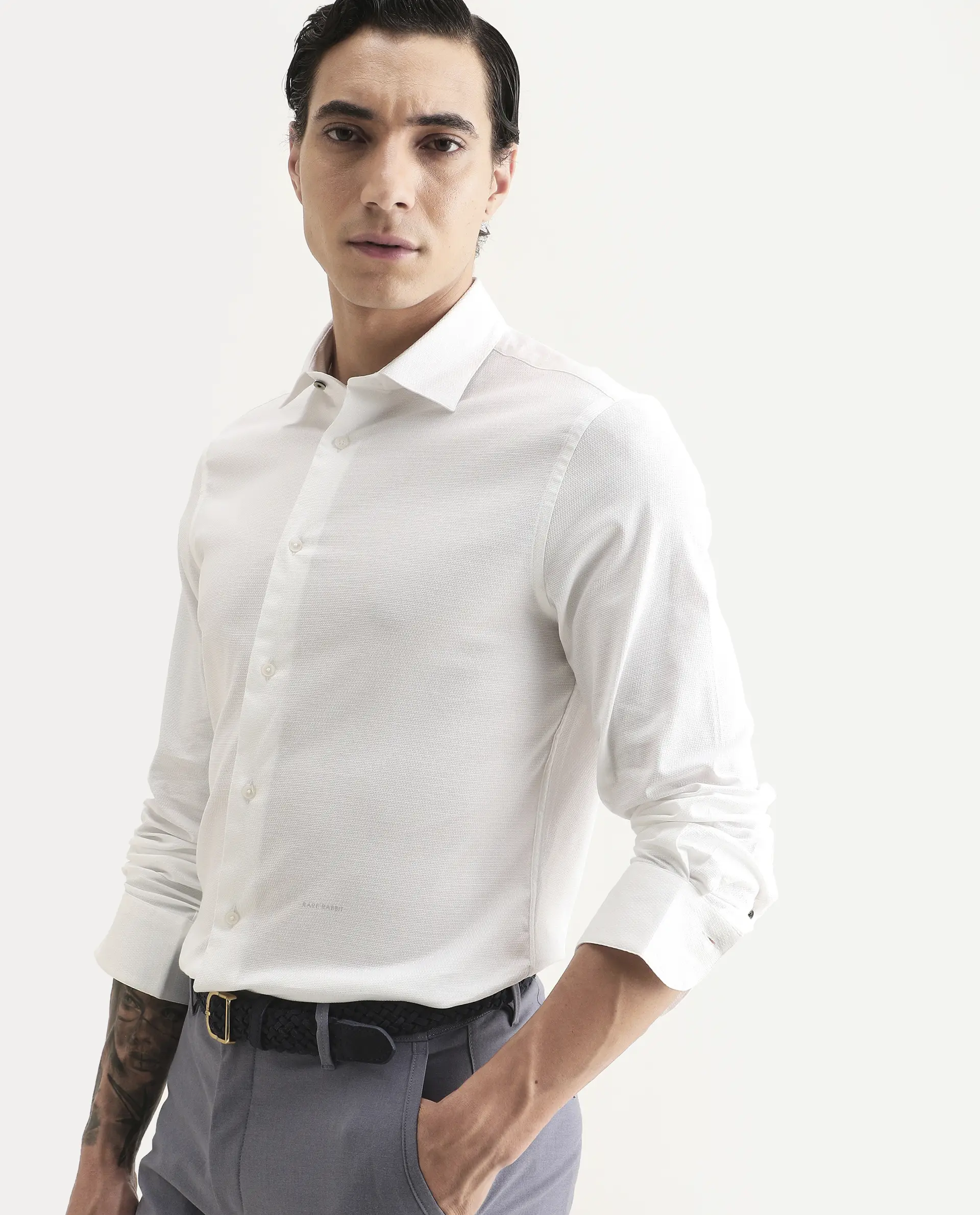 Rare Rabbit Men's Garahs White Cotton Blend Fabric Full Sleeve Regular Fit Plain Shirt