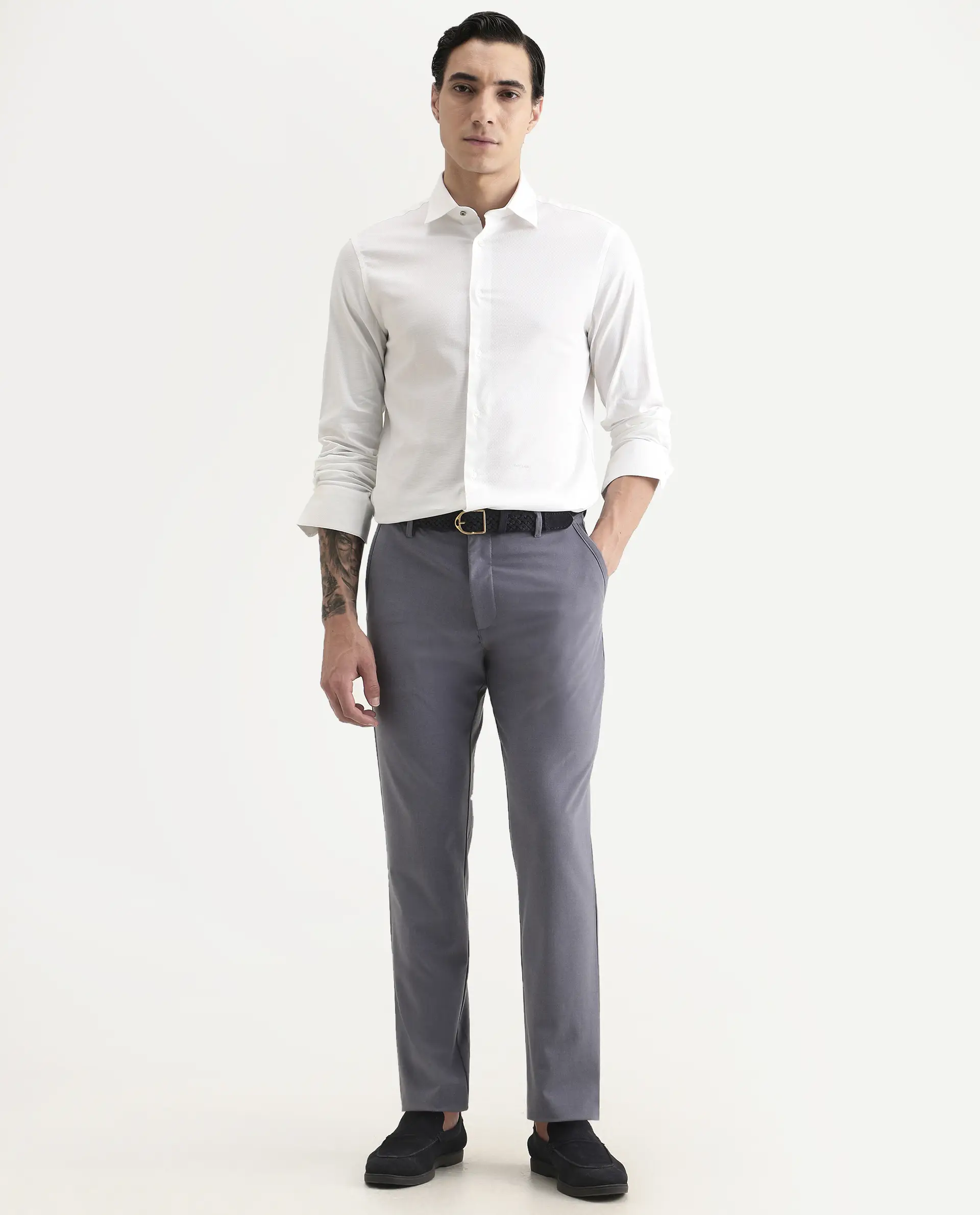Rare Rabbit Men's Garahs White Cotton Blend Fabric Full Sleeve Regular Fit Plain Shirt - Image 2