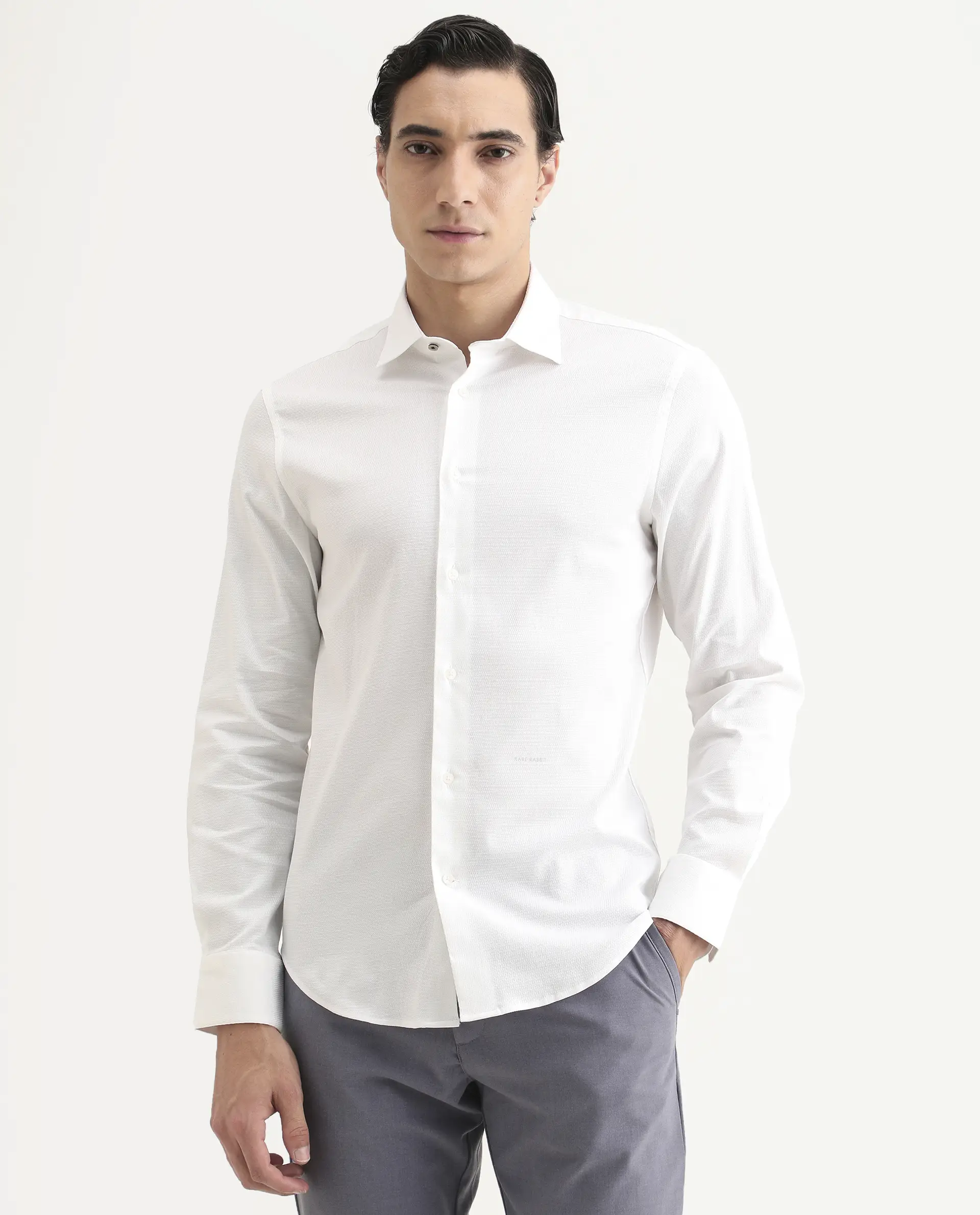 Rare Rabbit Men's Garahs White Cotton Blend Fabric Full Sleeve Regular Fit Plain Shirt - Image 4