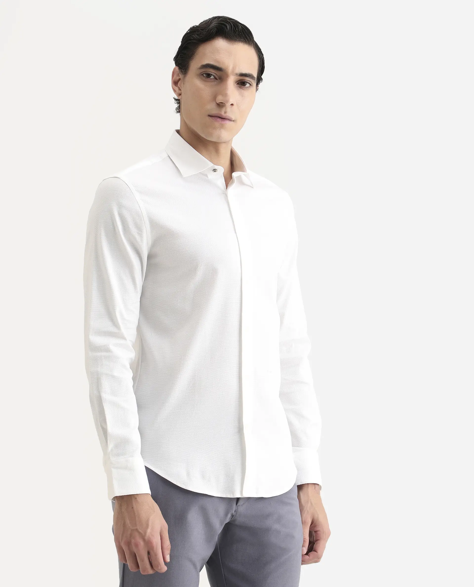 Rare Rabbit Men's Garahs White Cotton Blend Fabric Full Sleeve Regular Fit Plain Shirt - Image 5
