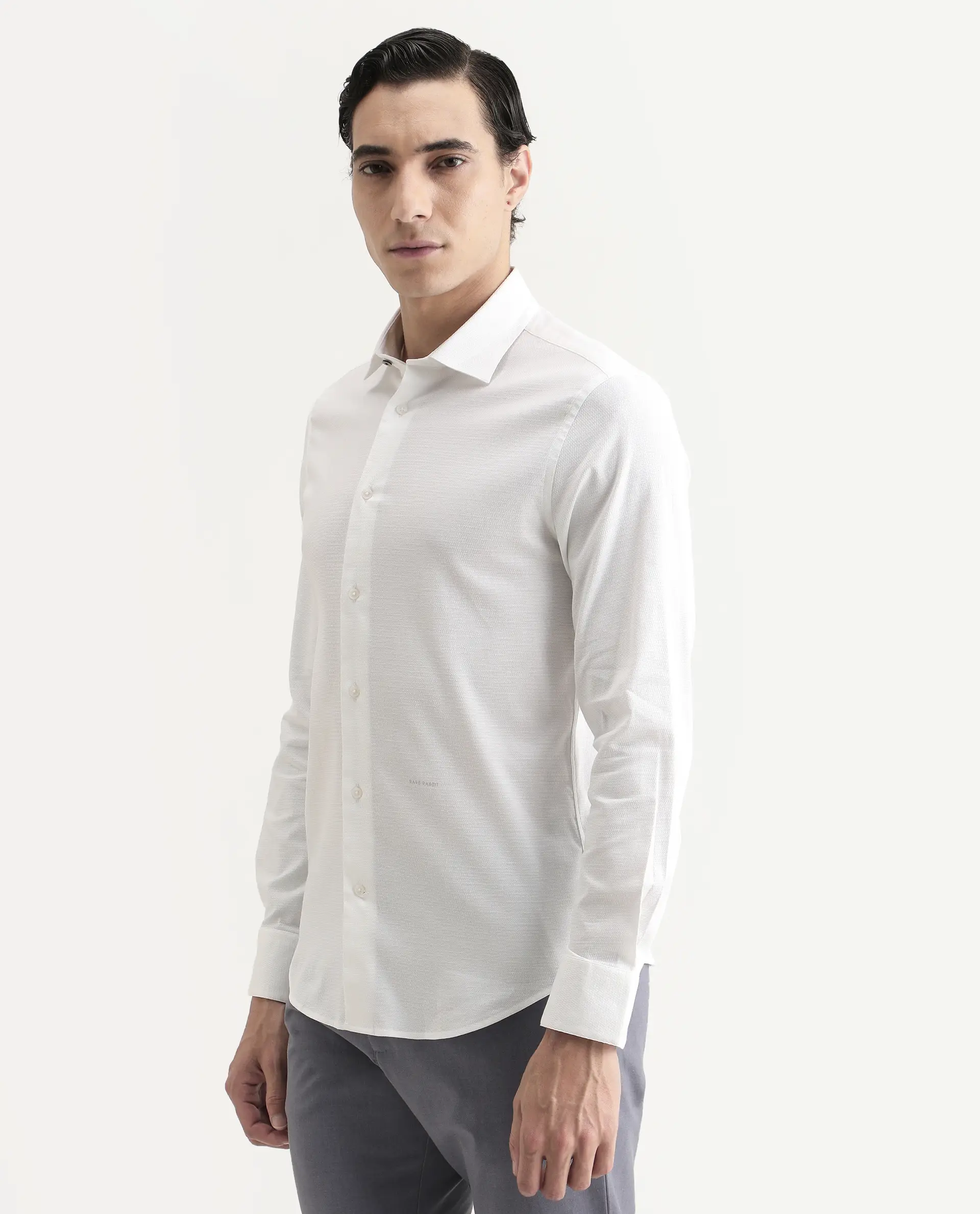 Rare Rabbit Men's Garahs White Cotton Blend Fabric Full Sleeve Regular Fit Plain Shirt - Image 6