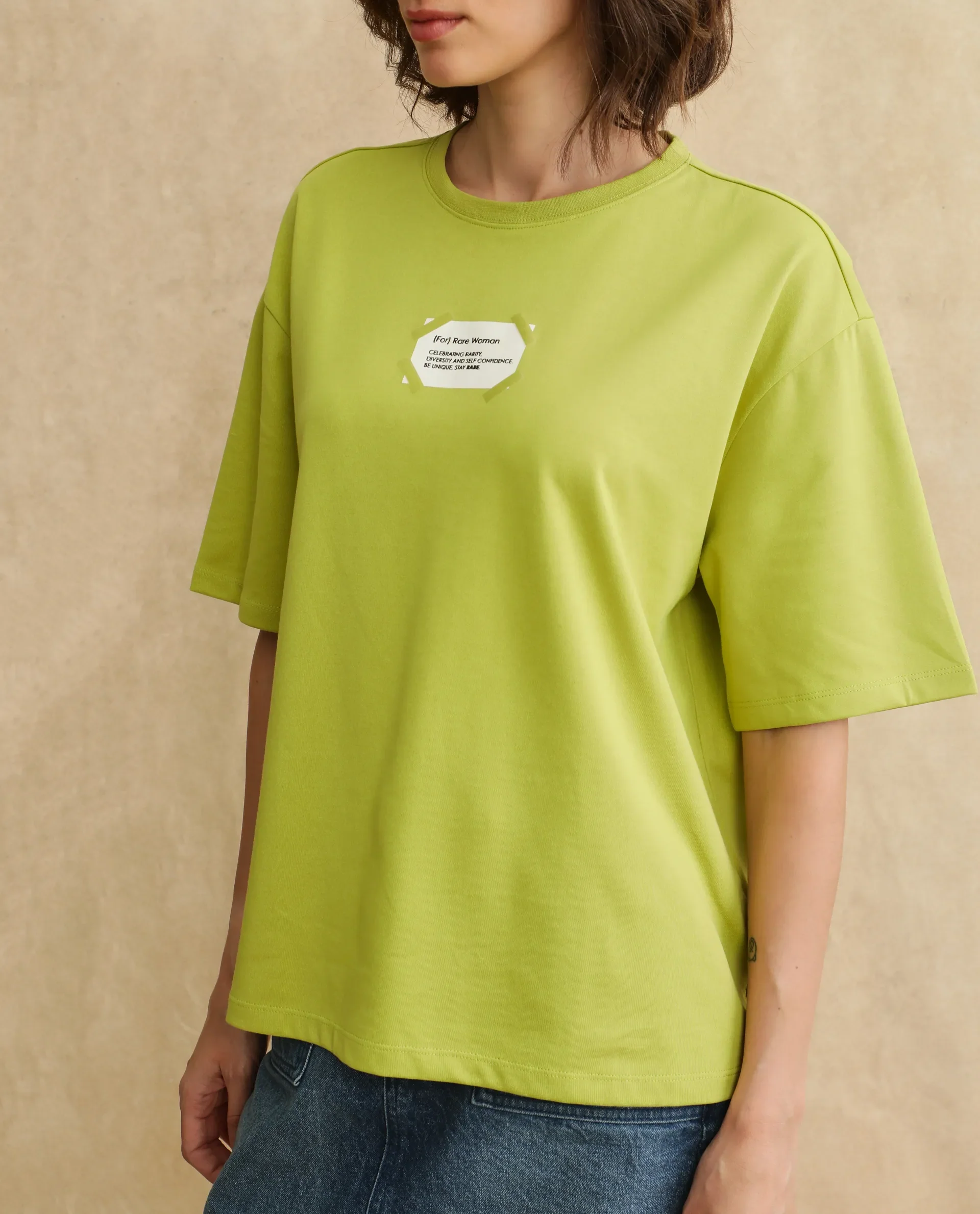 Rareism Women's Gare Flouroscent Green Polyester Blend Crew Neck Graphic Print Oversized T-Shirt - Image 3