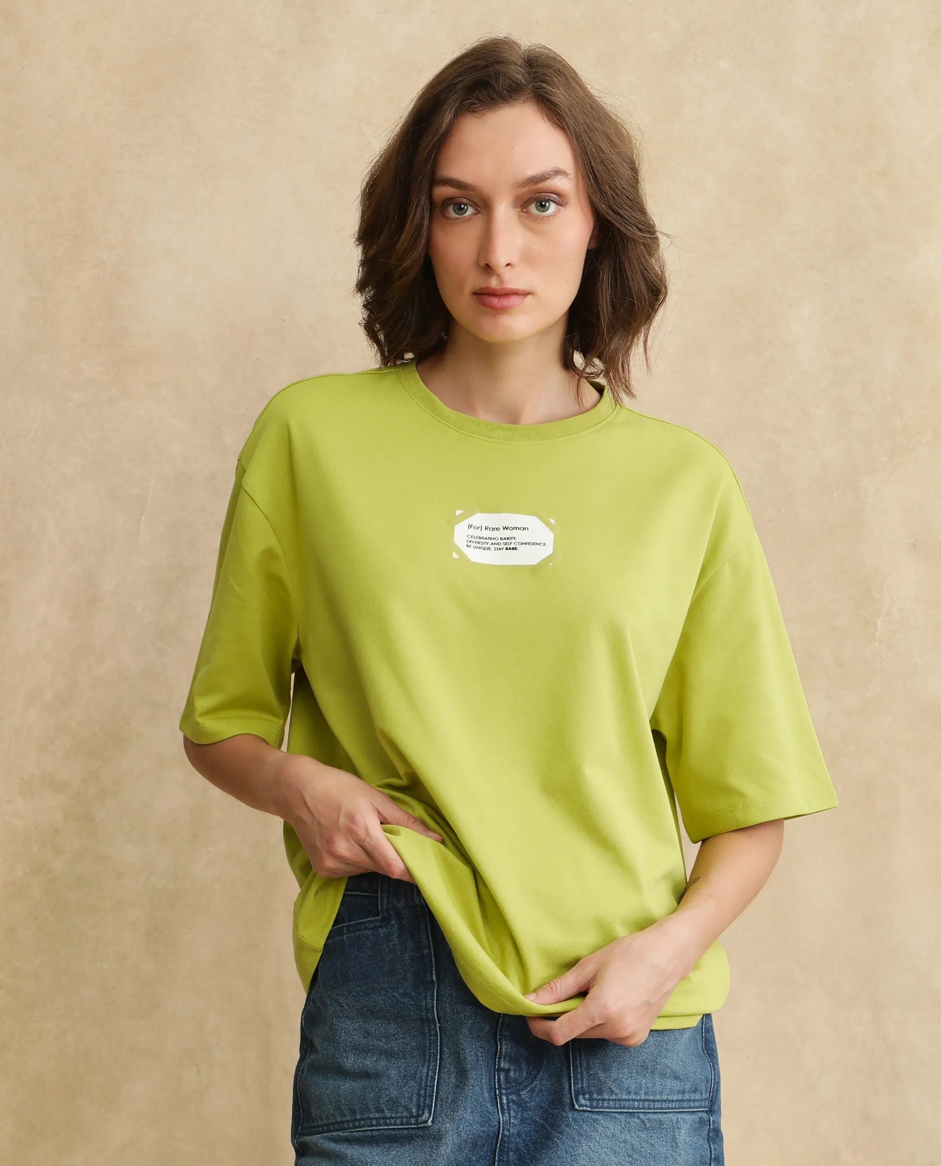 Rareism Women's Gare Flouroscent Green Polyester Blend Crew Neck Graphic Print Oversized T-Shirt - Image 6