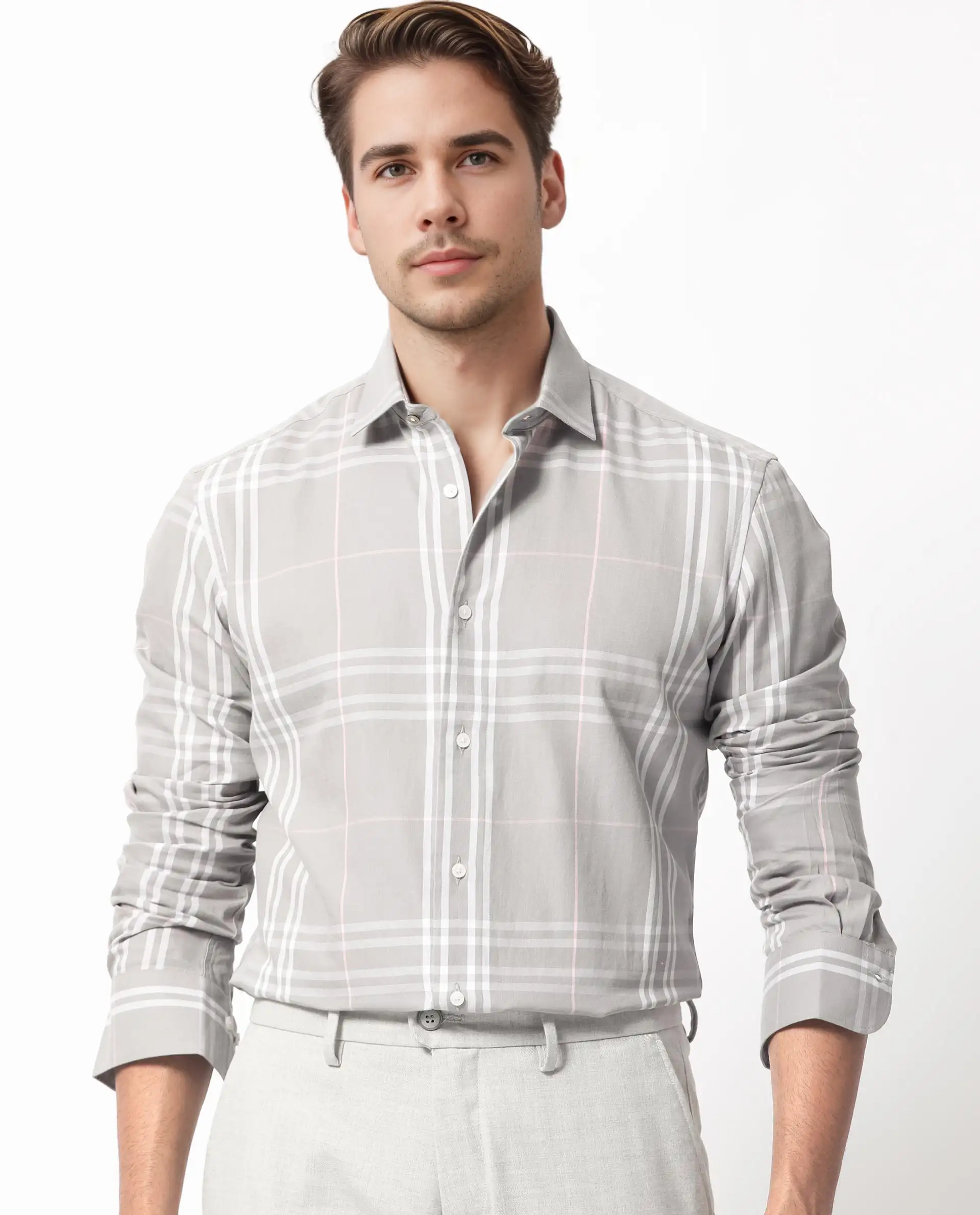 Rare Rabbit Men's Garet Grey Cotton Checked Print Regular Fit Full Sleeve Collared Shirt