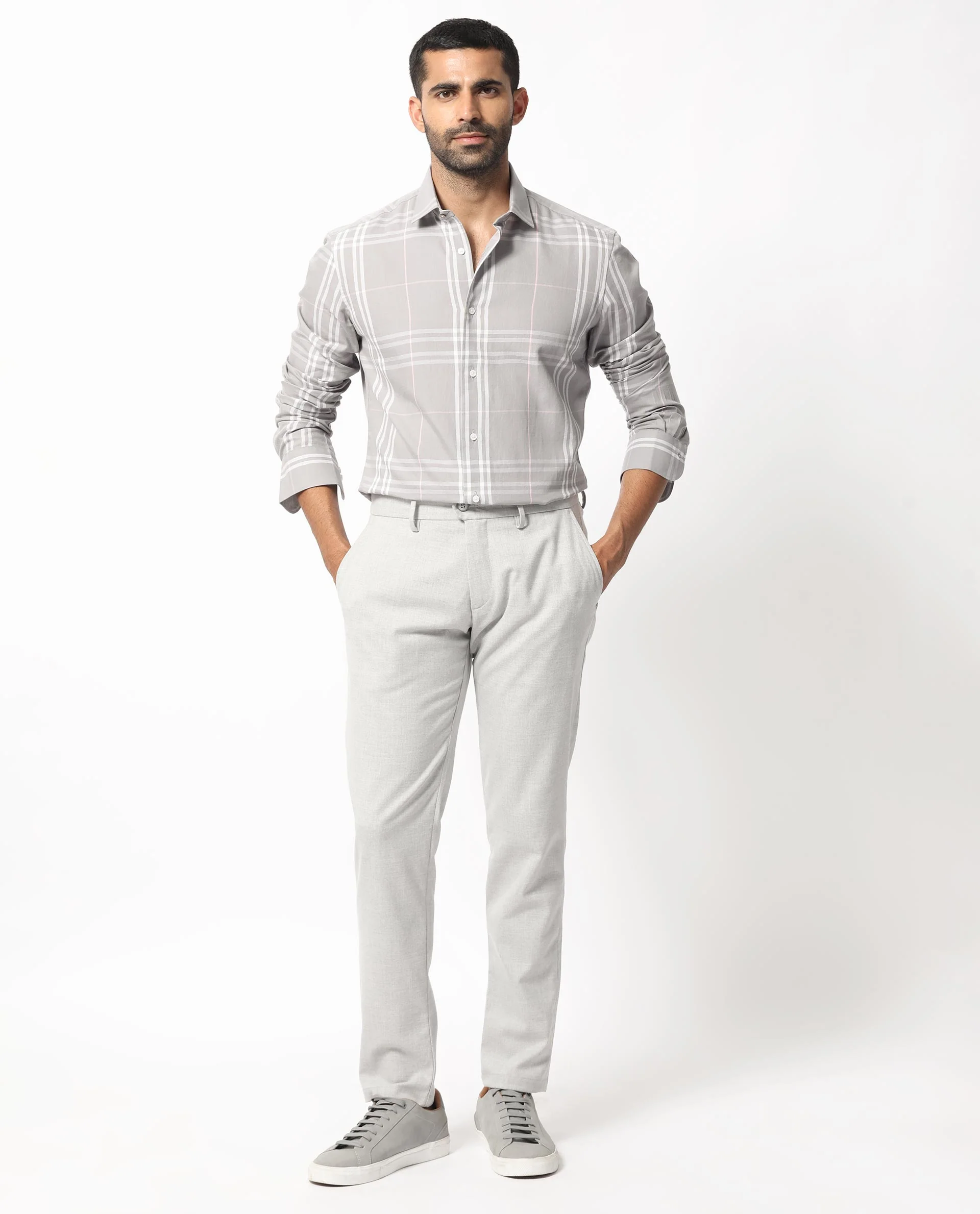 Rare Rabbit Men's Garet Grey Cotton Checked Print Regular Fit Full Sleeve Collared Shirt - Image 2