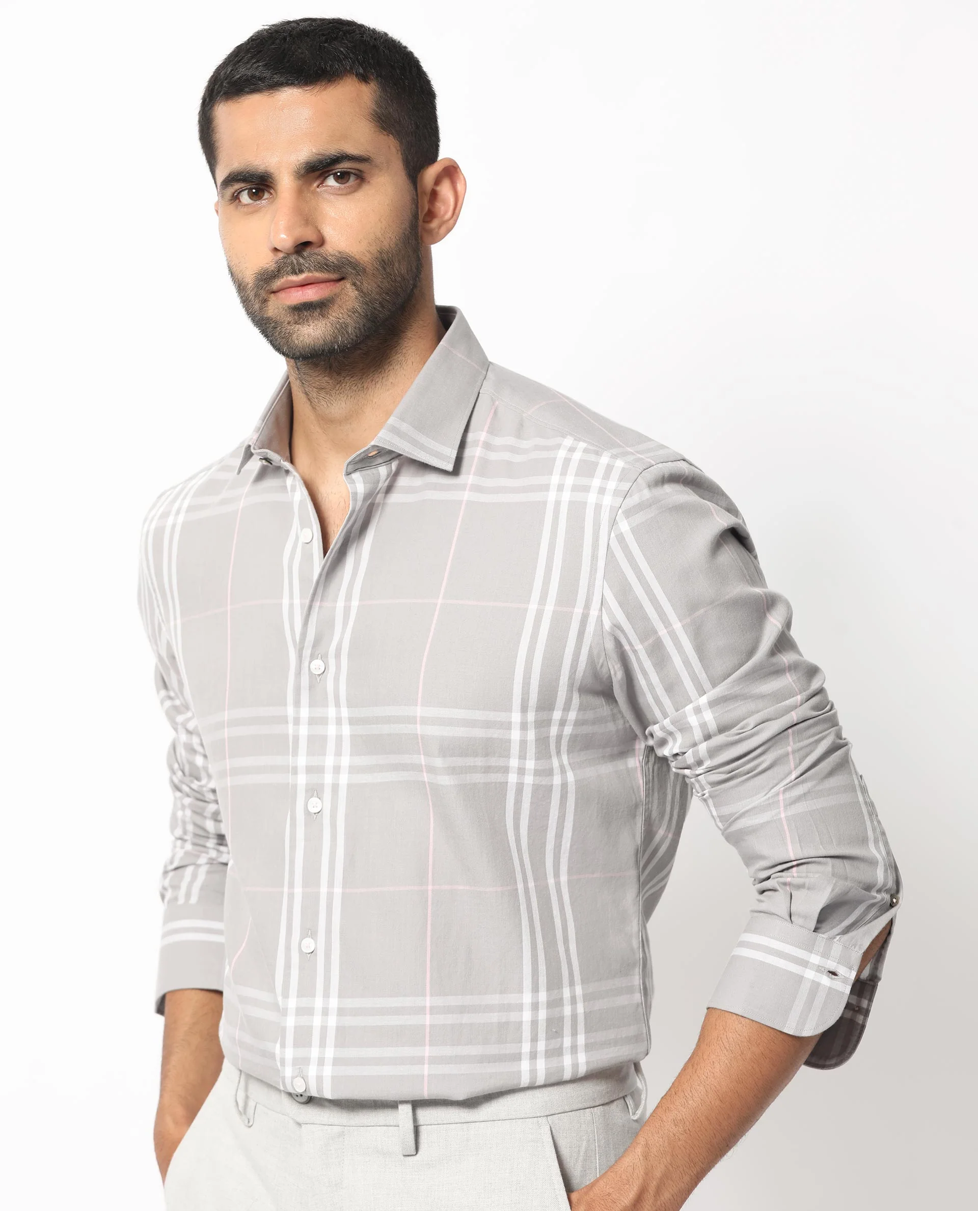 Rare Rabbit Men's Garet Grey Cotton Checked Print Regular Fit Full Sleeve Collared Shirt - Image 3