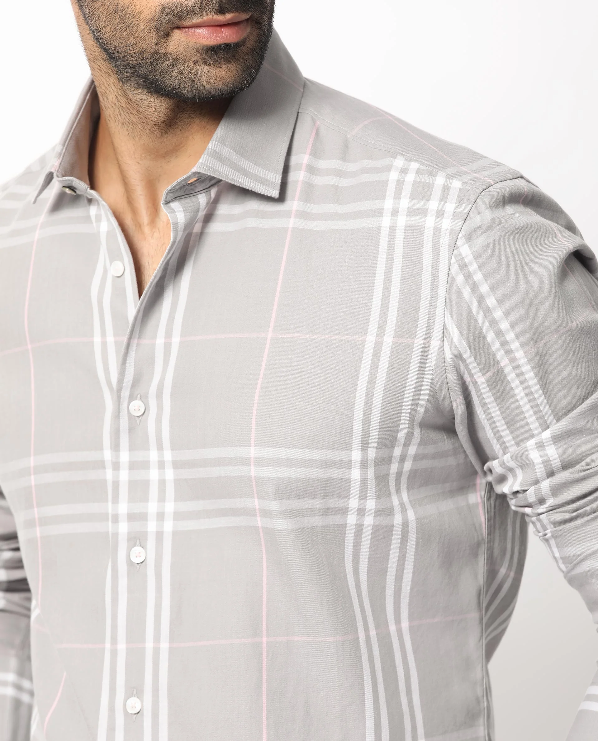 Rare Rabbit Men's Garet Grey Cotton Checked Print Regular Fit Full Sleeve Collared Shirt - Image 4