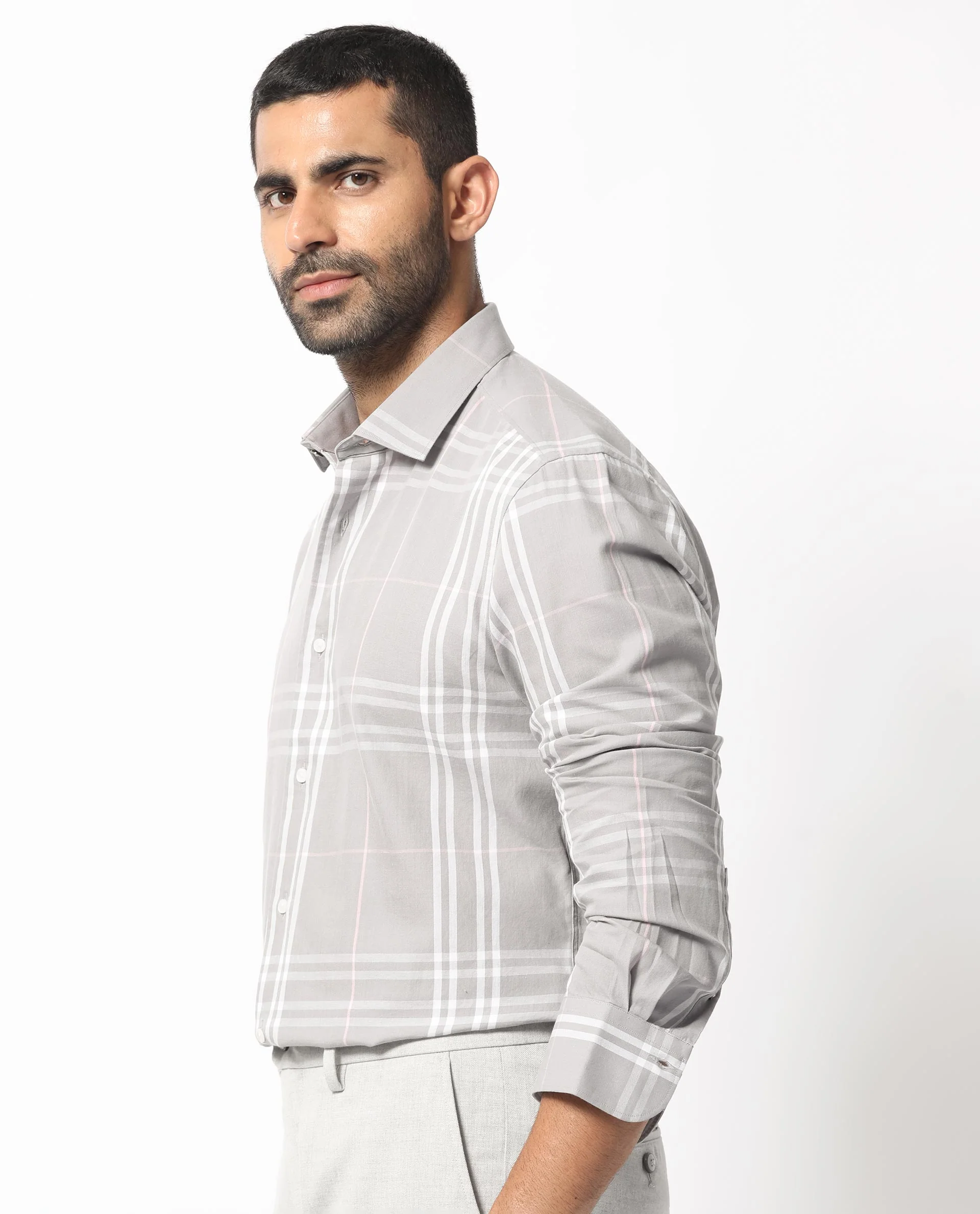 Rare Rabbit Men's Garet Grey Cotton Checked Print Regular Fit Full Sleeve Collared Shirt - Image 6