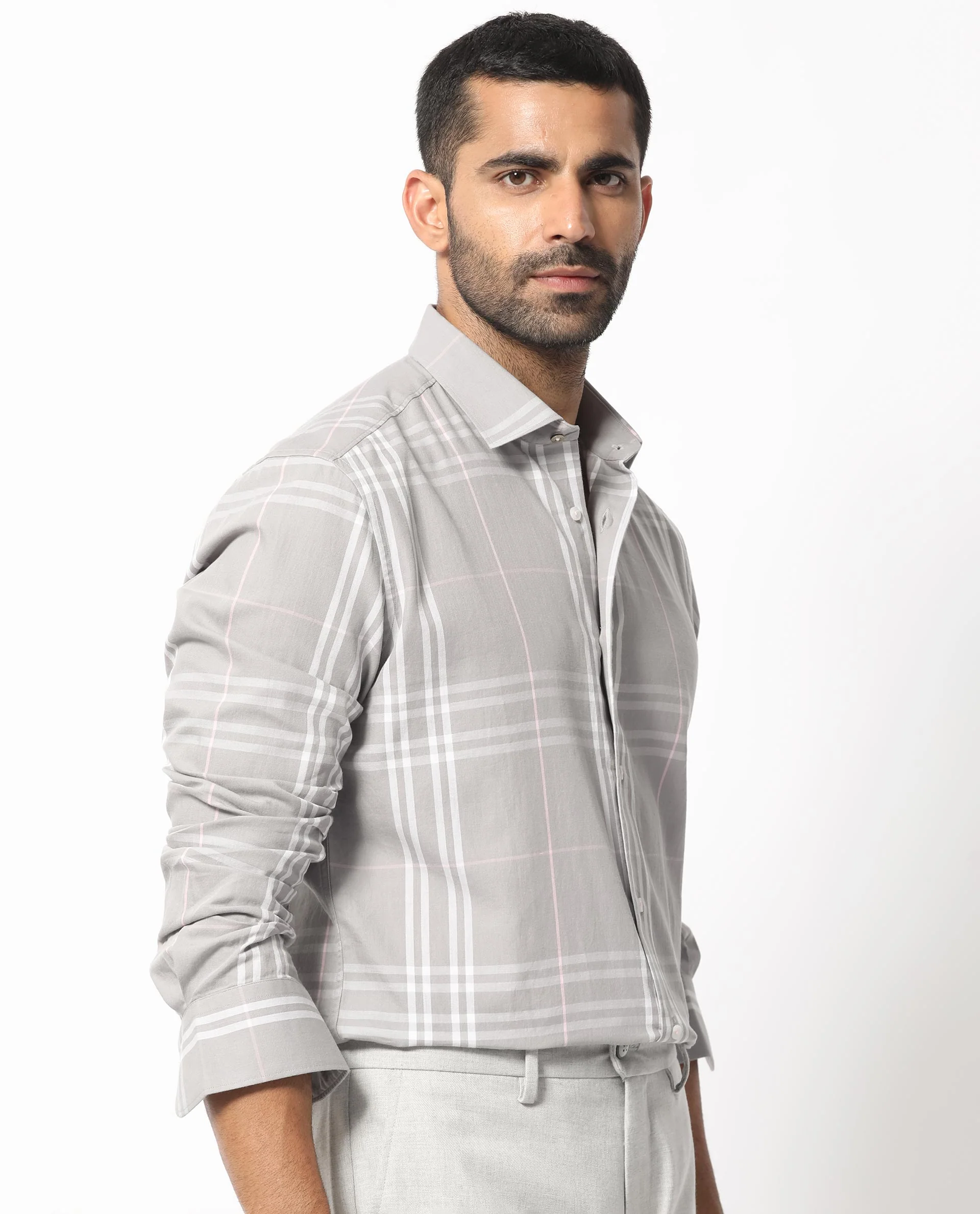 Rare Rabbit Men's Garet Grey Cotton Checked Print Regular Fit Full Sleeve Collared Shirt - Image 7