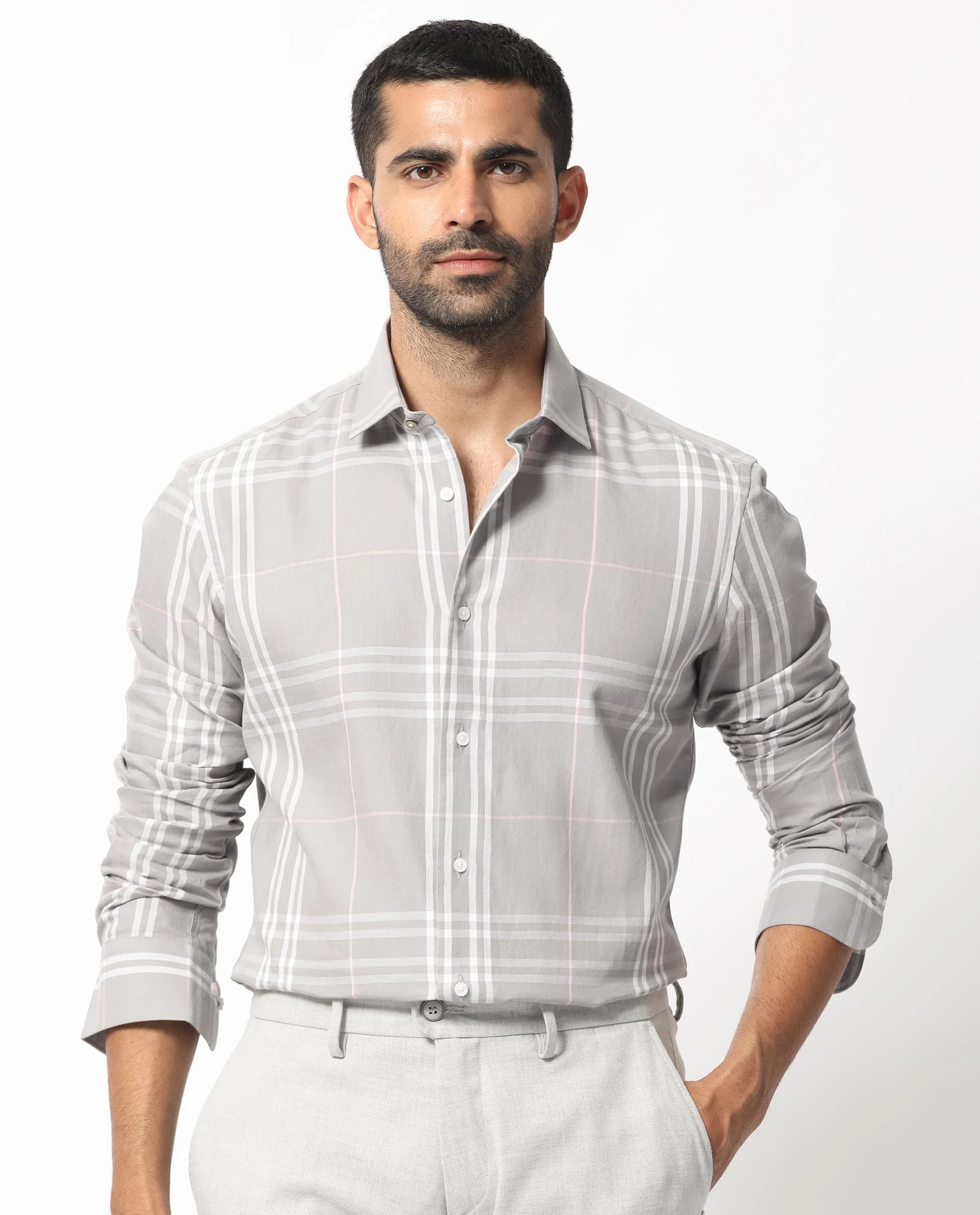 Rare Rabbit Men's Garet Grey Cotton Checked Print Regular Fit Full Sleeve Collared Shirt - Image 8