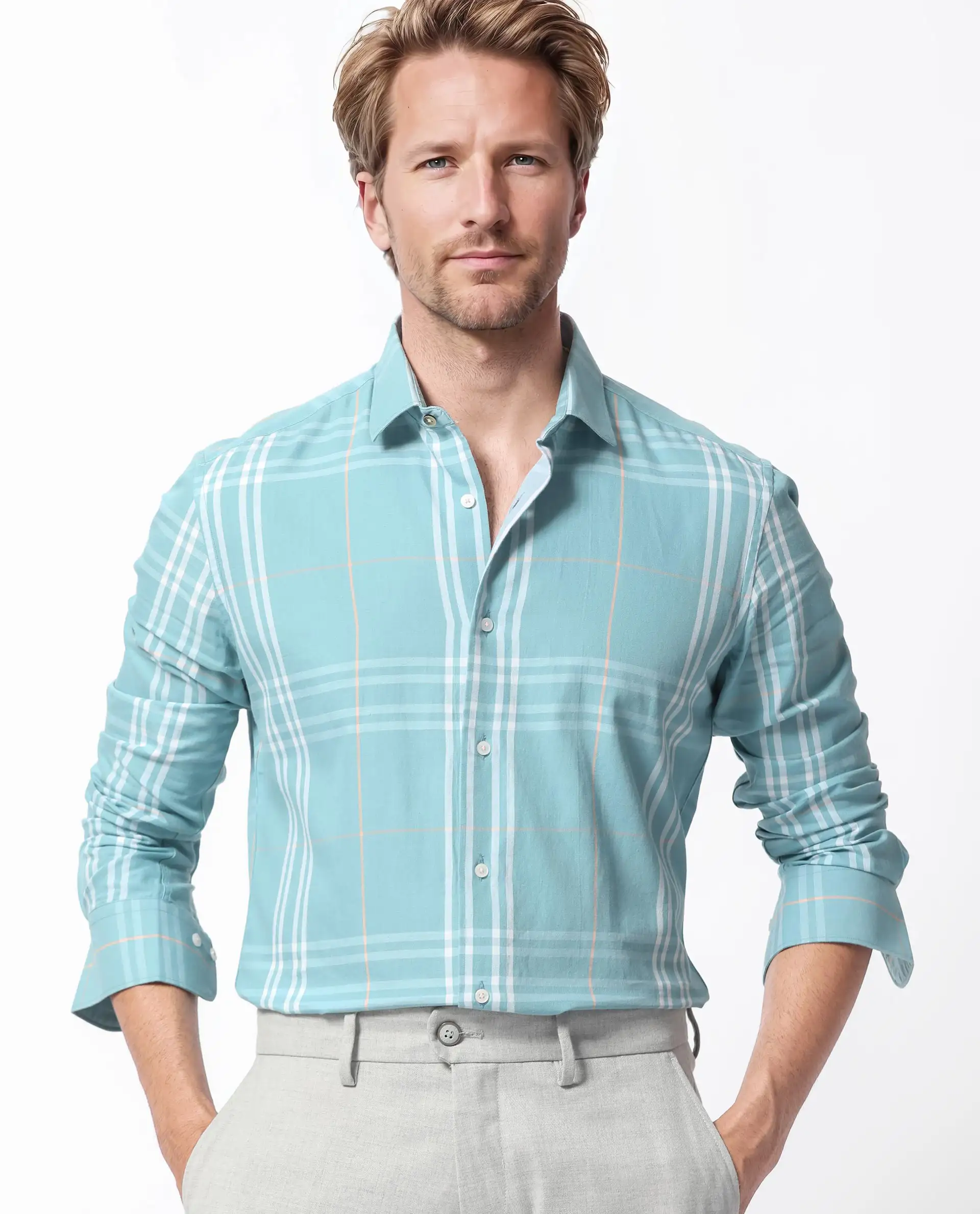 Rare Rabbit Men's Garet Turq Cotton Checked Print Regular Fit Full Sleeve Collared Shirt