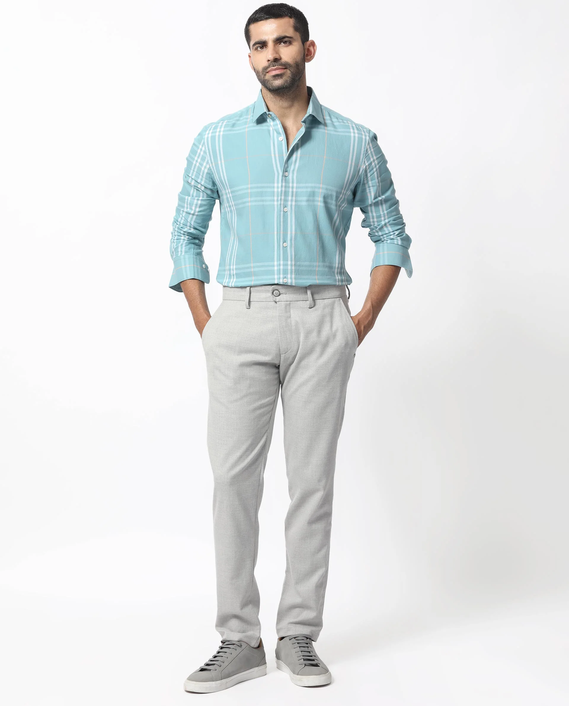 Rare Rabbit Men's Garet Turq Cotton Checked Print Regular Fit Full Sleeve Collared Shirt - Image 2