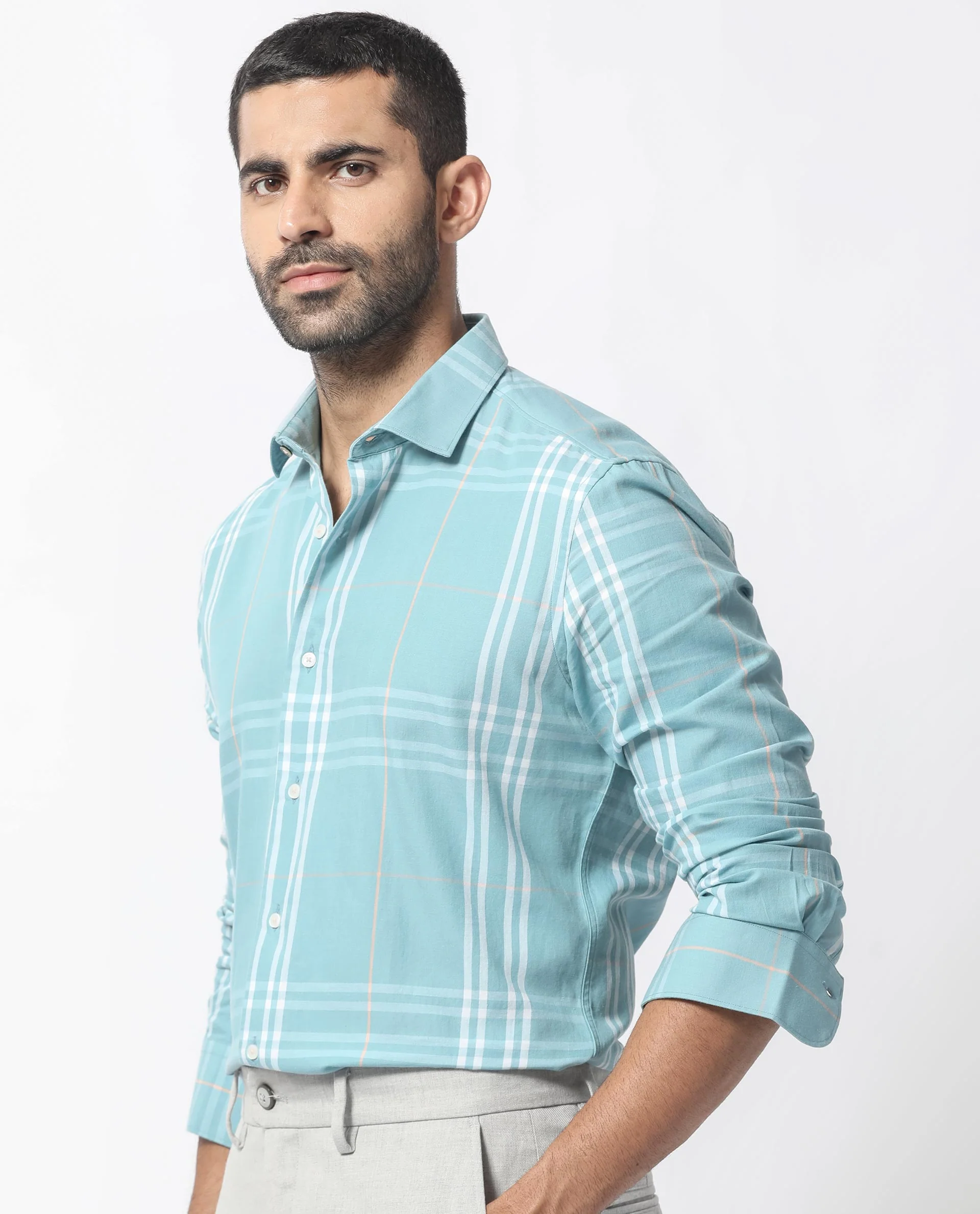 Rare Rabbit Men's Garet Turq Cotton Checked Print Regular Fit Full Sleeve Collared Shirt - Image 3