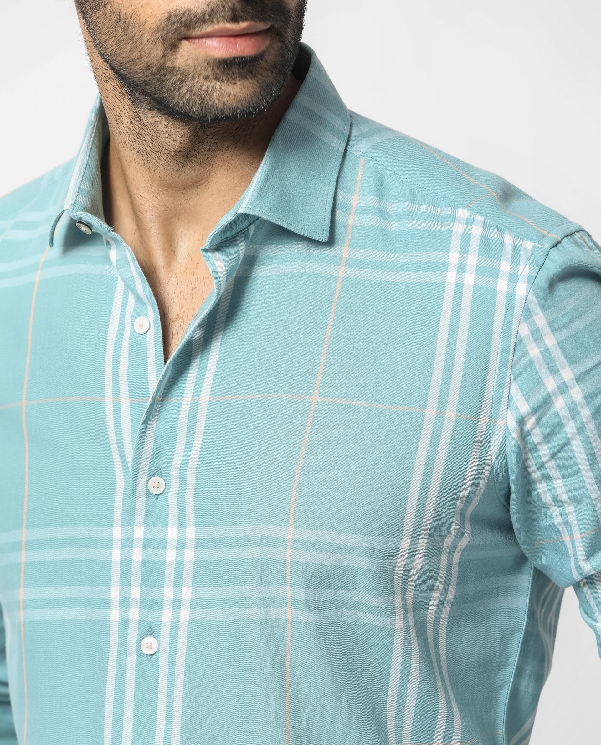Rare Rabbit Men's Garet Turq Cotton Checked Print Regular Fit Full Sleeve Collared Shirt - Image 5
