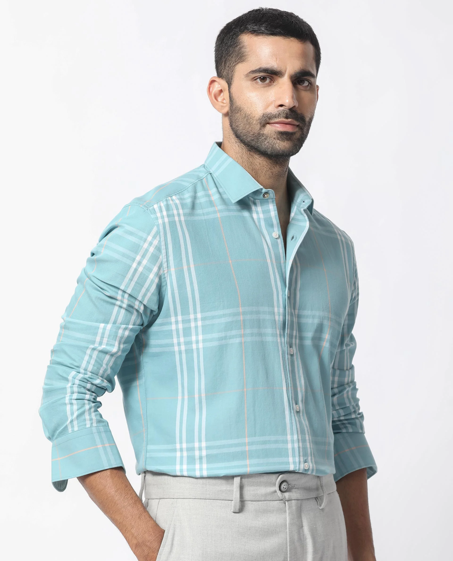 Rare Rabbit Men's Garet Turq Cotton Checked Print Regular Fit Full Sleeve Collared Shirt - Image 6